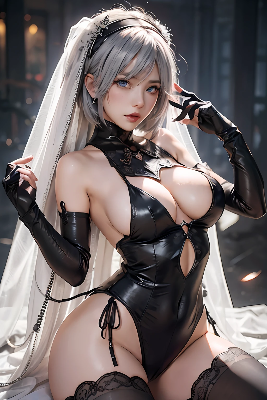 weddingdress、The nipple is visible、Colossal tits、No panties、Show pubic hair、toppless、no-bra、No panties、sensual breasts、 2 Type B、Nier Automata 2b、shairband、Hi-Res、Shaded face、Blue eyes、Ash gray hair、chies