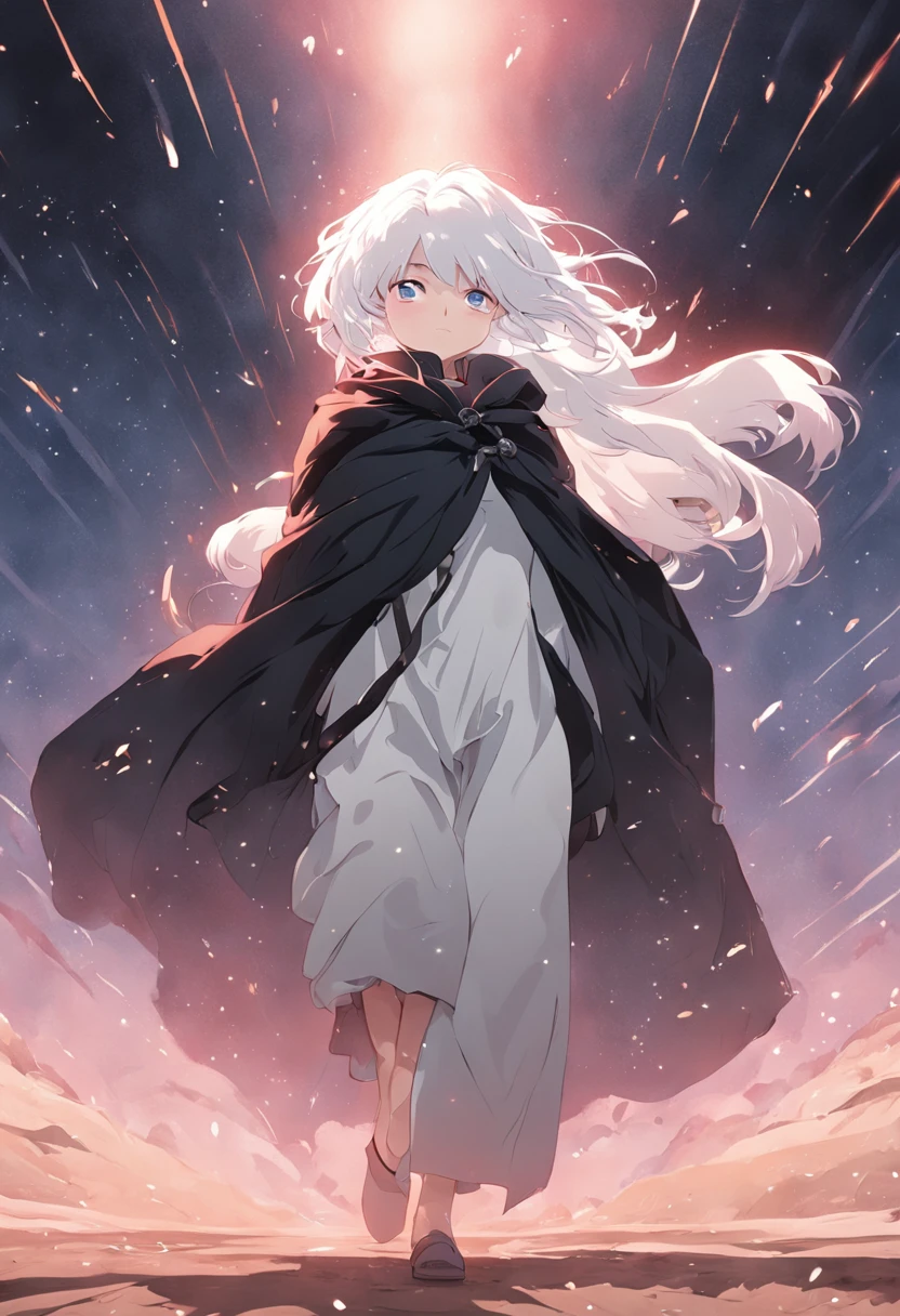 White haired girl in black cloak walking in white desert