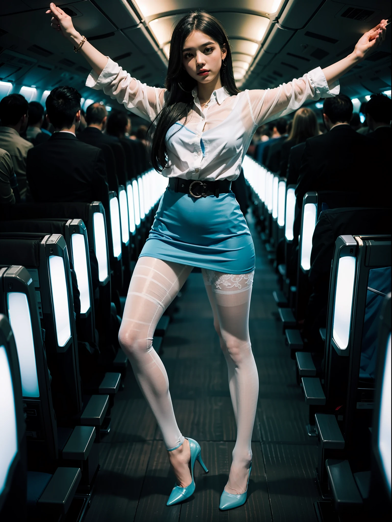 Masterpiece, high detail, The sexiest airline stewardess in the world., legs, (UHD, 8K Wallpaper, high resolution), cinematic lighting, physically based rendering, awarded, extremely detailed skin, Extra detailed face, ojos de high detail, sparkling eyes, blush, shy, blue lips, blue hair, blue skirt, white panties, Carl Zeiss 85 mm F/1.4, by Ellen von Unwerth