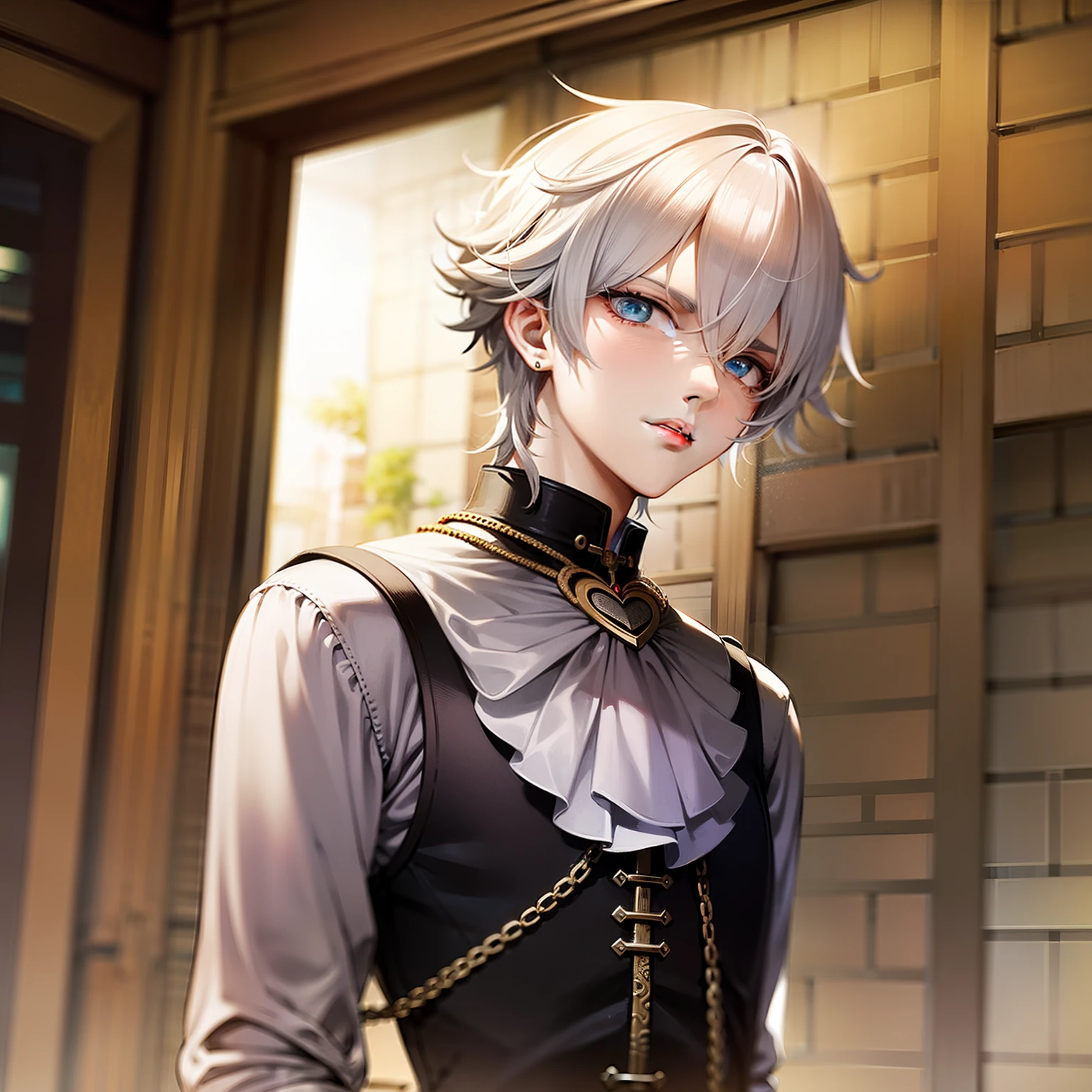 In the dungeon,A white-haired aristocratic boy bound by chains,The ager looked disdainful,Soft light