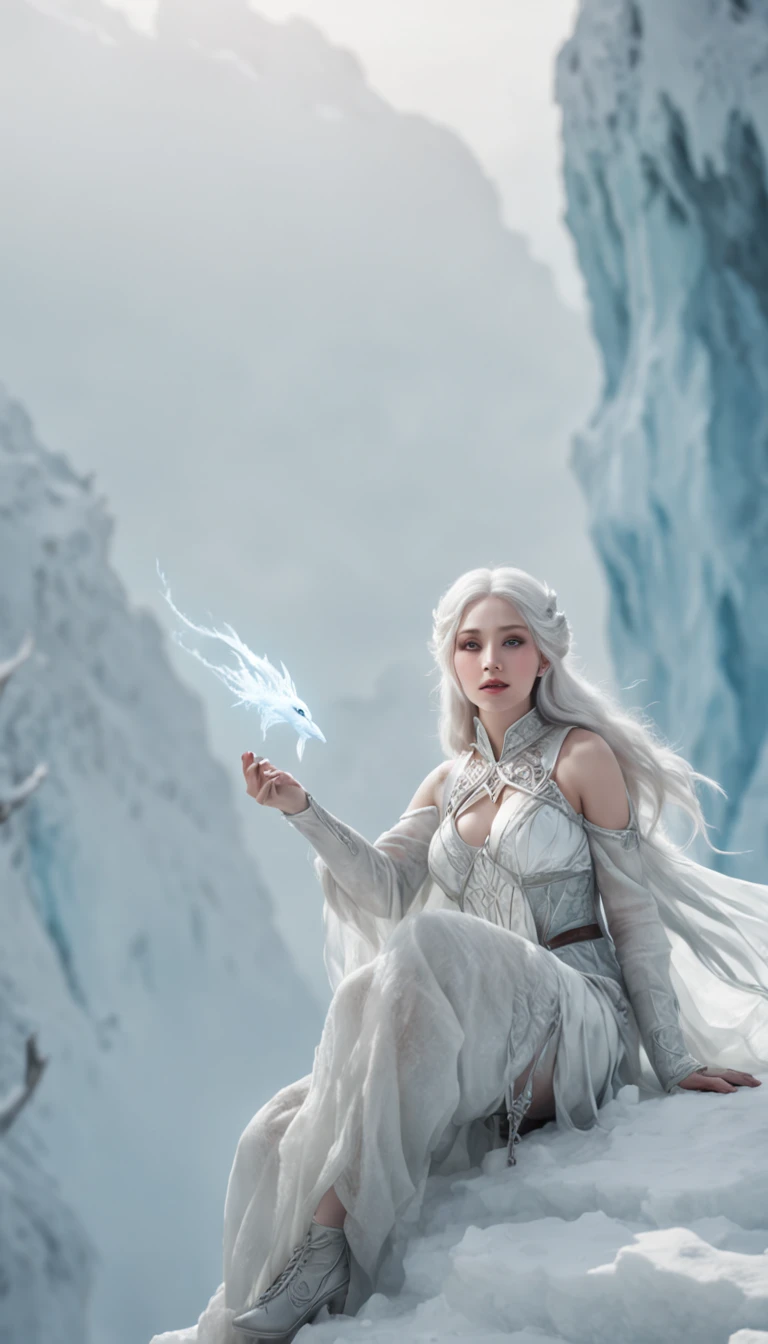 (A cold woman in an ice shooter costume sits on the edge of an ice cliff,Archer with ice bow:1.2),(Red hair: 1.5),(Blue fluffy hood,blue colored eyes,White hair,Delicate and beautiful face:1.3),Fine and perfect anatomy,dynamicposes,snowy day,Fantasyart,There is a white wolf next to him,Background of glaciers,Beneath your feet are ice cliffs,blanche_Blue gradient rendering,Highest image quality,Highest high resolution,high detal,Object shadows,Dynamic light sources,Cloudy days,Screen dim,tmasterpiece,offcial art,Whole body diagram,The white wolf lay beside the woman,Detail portrayal of hair,,moonriver,tianqingniu,flower,1 girl
