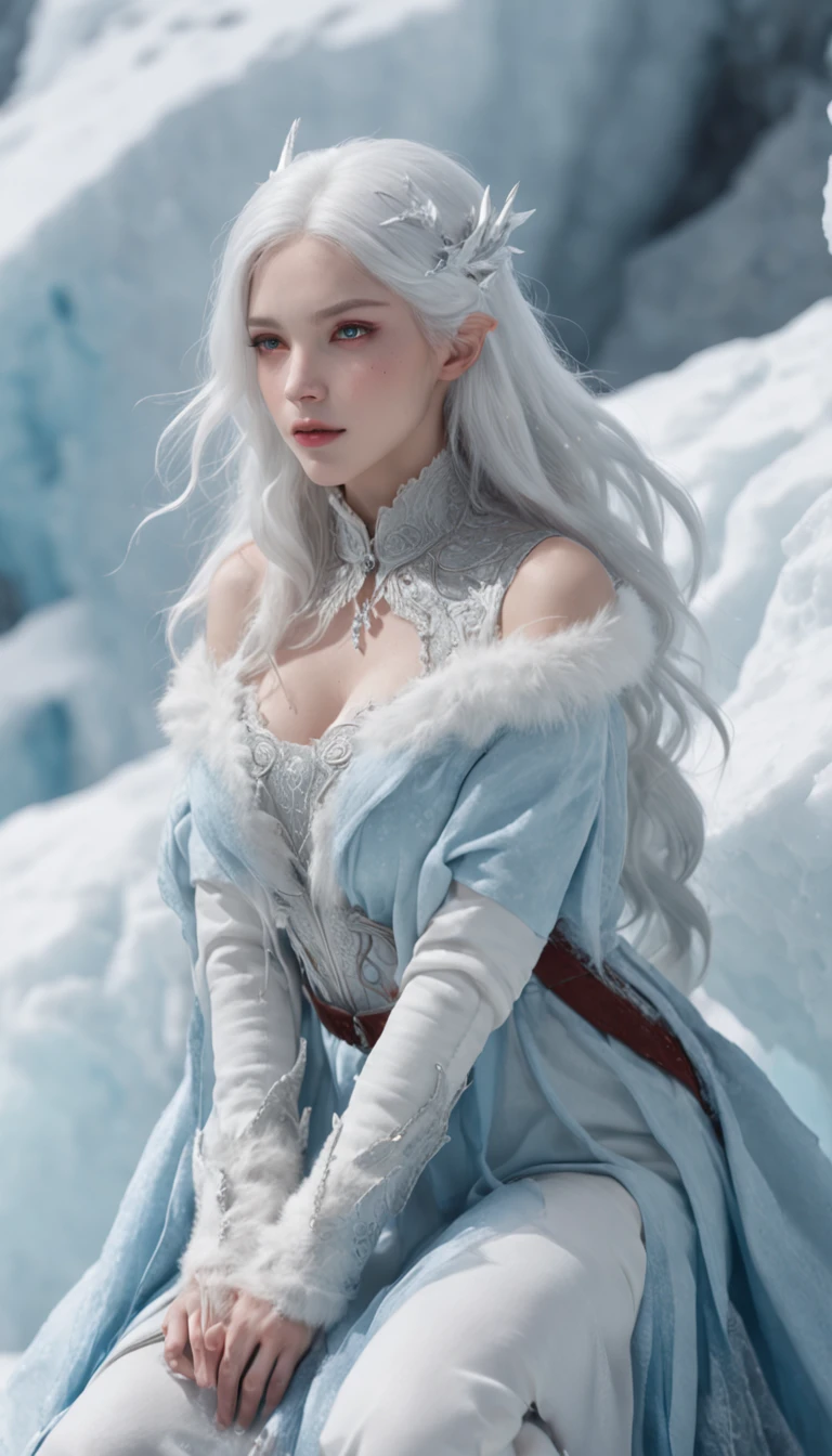 (A cold woman in an ice shooter costume sits on the edge of an ice cliff,Archer with ice bow:1.2),(Red hair: 1.5),(Blue fluffy hood,blue colored eyes,White hair,Delicate and beautiful face:1.3),Fine and perfect anatomy,dynamicposes,snowy day,Fantasyart,There is a white wolf next to him,Background of glaciers,Beneath your feet are ice cliffs,blanche_Blue gradient rendering,Highest image quality,Highest high resolution,high detal,Object shadows,Dynamic light sources,Cloudy days,Screen dim,tmasterpiece,offcial art,Whole body diagram,The white wolf lay beside the woman,Detail portrayal of hair,,moonriver,tianqingniu,flower,1 girl