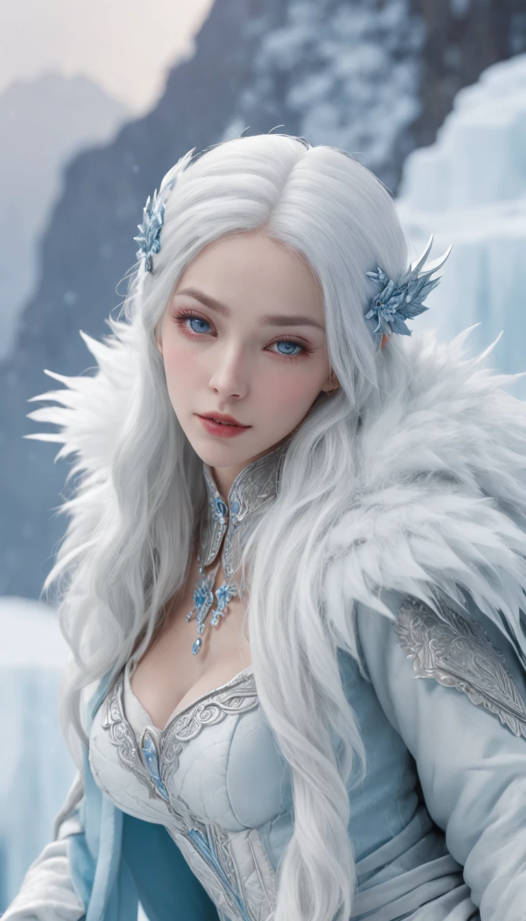 (A cold woman in an ice shooter costume sits on the edge of an ice cliff,Archer with ice bow:1.2),(Red hair: 1.5),(Blue fluffy hood,blue colored eyes,White hair,Delicate and beautiful face:1.3),Fine and perfect anatomy,dynamicposes,snowy day,Fantasyart,There is a white wolf next to him,Background of glaciers,Beneath your feet are ice cliffs,blanche_Blue gradient rendering,Highest image quality,Highest high resolution,high detal,Object shadows,Dynamic light sources,Cloudy days,Screen dim,tmasterpiece,offcial art,Whole body diagram,The white wolf lay beside the woman,Detail portrayal of hair,,moonriver,tianqingniu,flower,1 girl