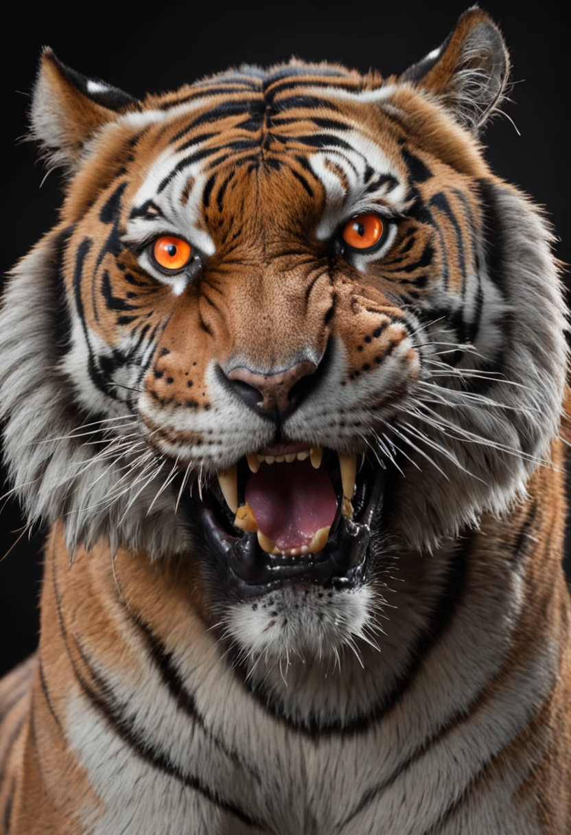 Black and gray realistic tattoo art of tiger with (((orange eyes))) with ink splatter sketch effect ,he is with open mouth looking very fierce and angry