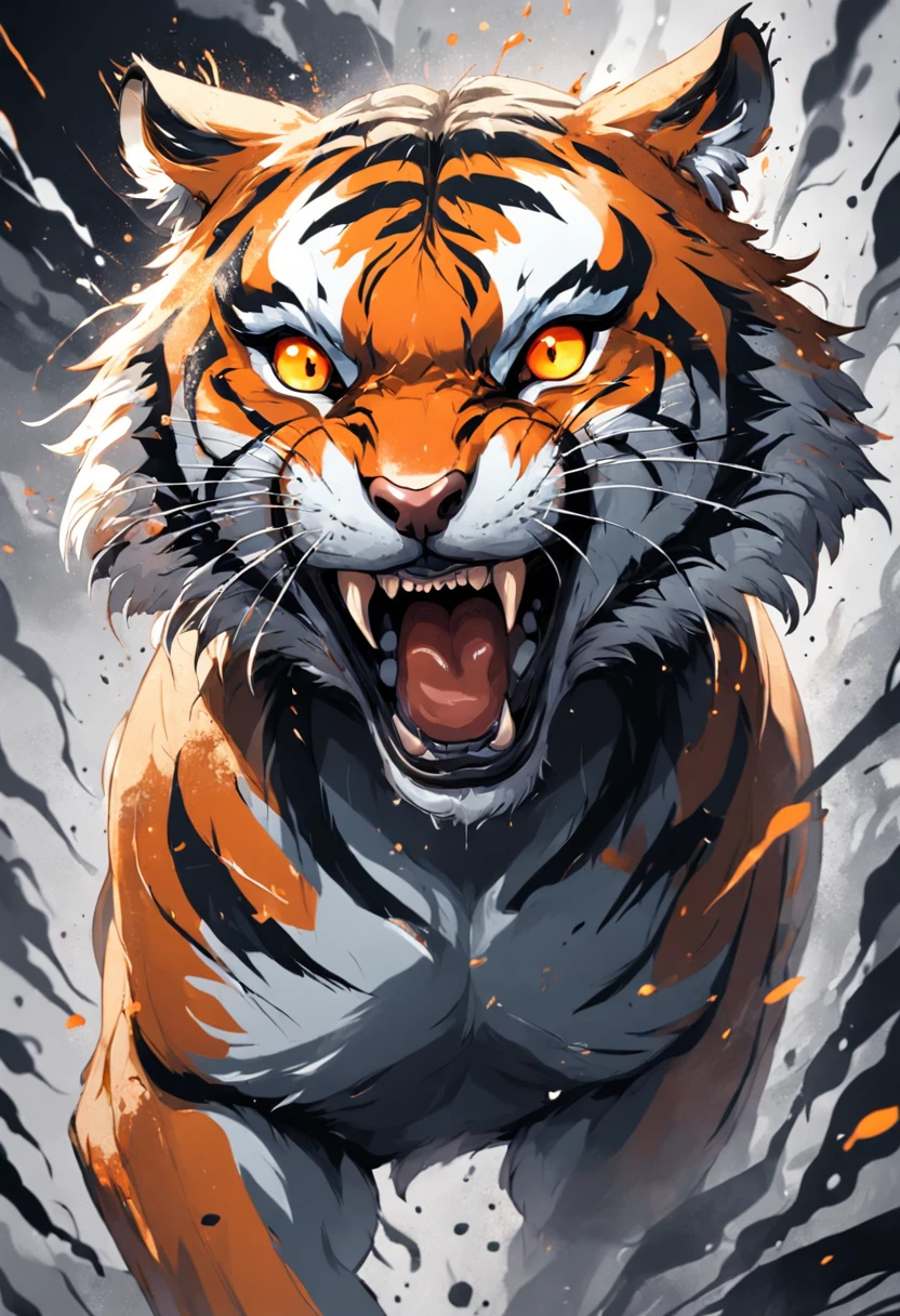 Black and gray realistic tattoo art of tiger with (((orange eyes))) with ink splatter sketch effect ,he is with open mouth looking very fierce and angry