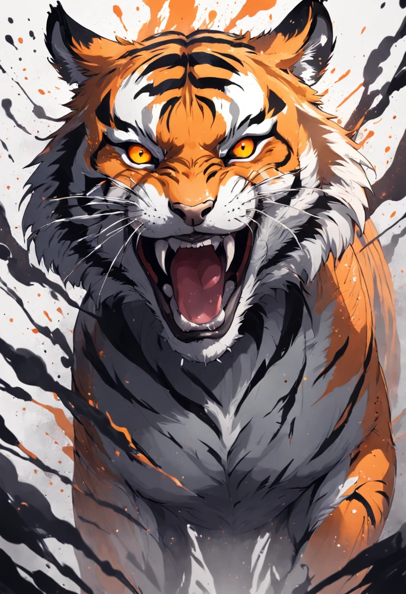 Black and gray realistic tattoo art of tiger with (((orange eyes))) with ink splatter sketch effect ,he is with open mouth looking very fierce and angry