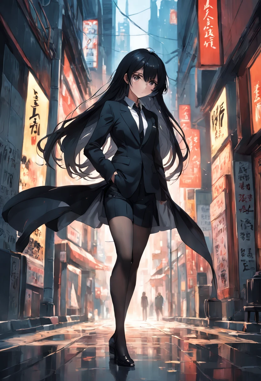 8K delicate perfect real 2D black long hair black eyes mature young woman wearing black suit, legs wearing black silk, delicate face, mature figure（Full body photo）Leaning against a white wall, looking ahead, his face is cold