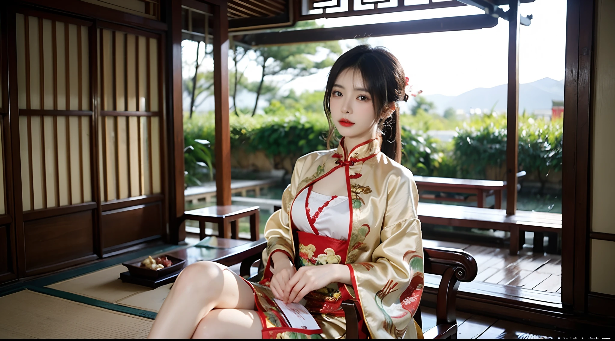 (A half body，Close-up，closeup cleavage：1.2)，Arakfi Asian woman sitting in chair，Wearing a green and gold dress, (outside,hot onsen，florals，grassy，nevando） ， A girl in Hanfu, Hanfu, Cheongsam, with acient chinese clothes, Traditional beauty, Traditional Chinese clothing, Wearing ancient Chinese clothes, Chinese style, Chinese dress, Chinese costume, Chinese traditional, Chinese girl, wearing ornate silk clothes，Redlip,（solo person）