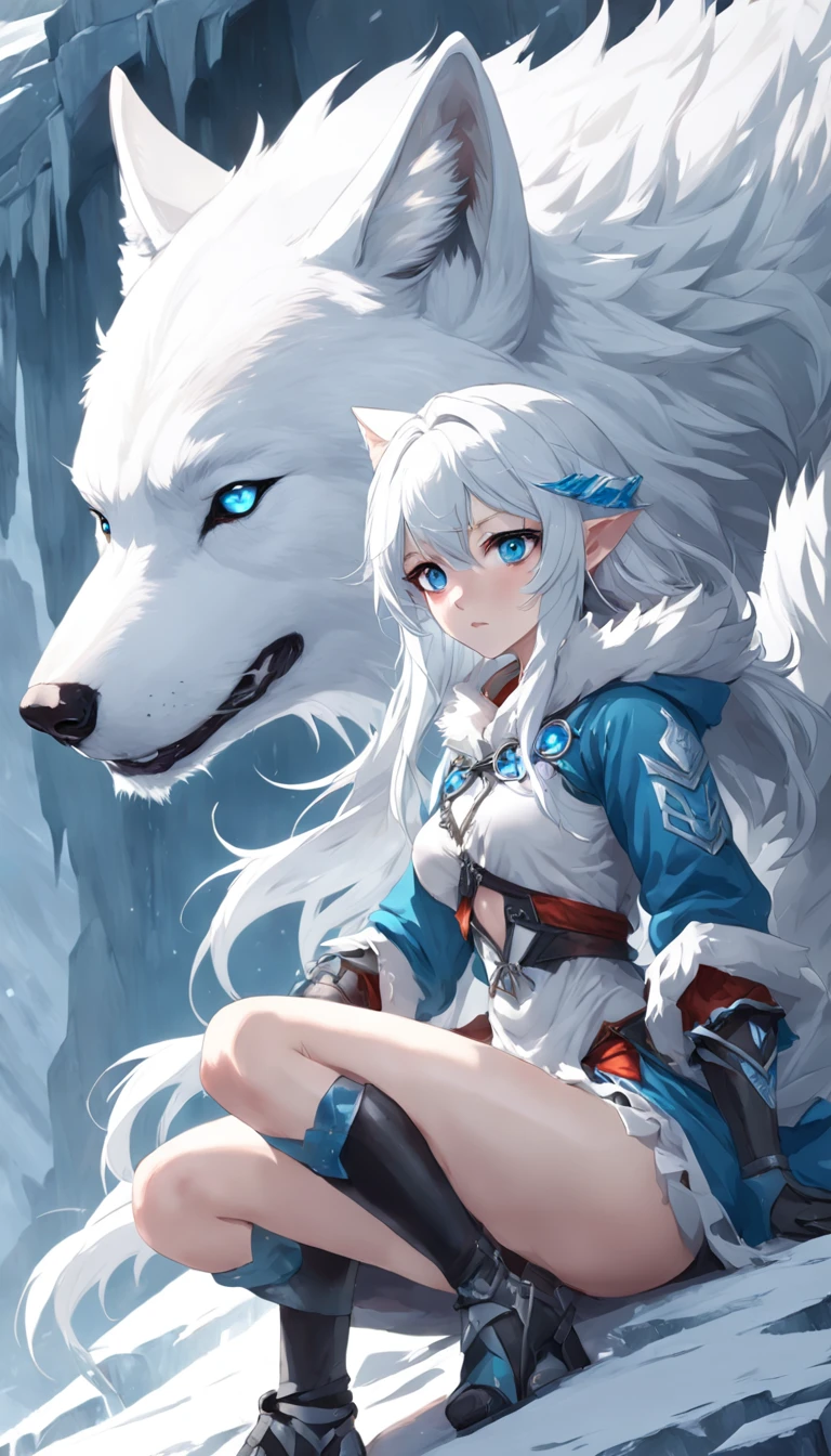 (A cold woman in an ice shooter costume sits on the edge of an ice cliff,Archer with ice bow:1.2),(Red hair: 1.5),(Blue fluffy hood,blue colored eyes,White hair,Delicate and beautiful face:1.3),Fine and perfect anatomy,dynamicposes,snowy day,Fantasyart,There is a white wolf next to him,Background of glaciers,Beneath your feet are ice cliffs,blanche_Blue gradient rendering,Highest image quality,Highest high resolution,high detal,Object shadows,Dynamic light sources,Cloudy days,Screen dim,tmasterpiece,offcial art,Whole body diagram,The white wolf lay beside the woman,Detail portrayal of hair,,moonriver,tianqingniu,flower,1 girl