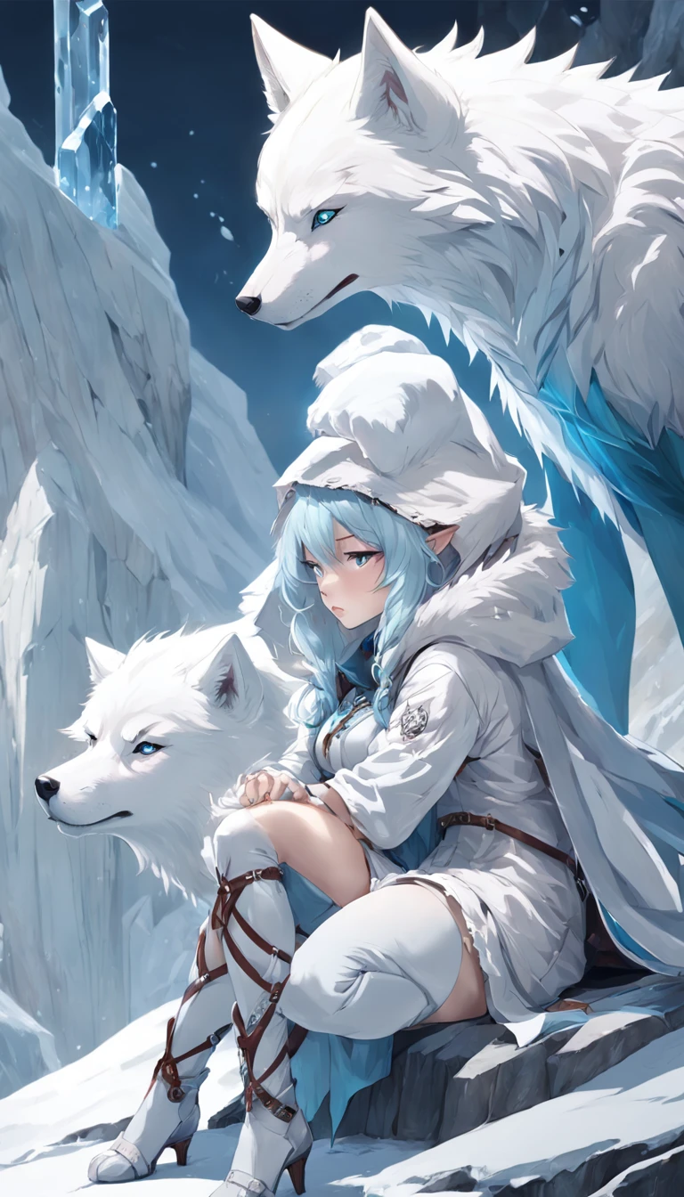 (A cold woman in an ice shooter costume sits on the edge of an ice cliff,Archer with ice bow:1.2),(Red hair: 1.5),(Blue fluffy hood,blue colored eyes,White hair,Delicate and beautiful face:1.3),Fine and perfect anatomy,dynamicposes,snowy day,Fantasyart,There is a white wolf next to him,Background of glaciers,Beneath your feet are ice cliffs,blanche_Blue gradient rendering,Highest image quality,Highest high resolution,high detal,Object shadows,Dynamic light sources,Cloudy days,Screen dim,tmasterpiece,offcial art,Whole body diagram,The white wolf lay beside the woman,Detail portrayal of hair,,moonriver,tianqingniu,flower,1 girl