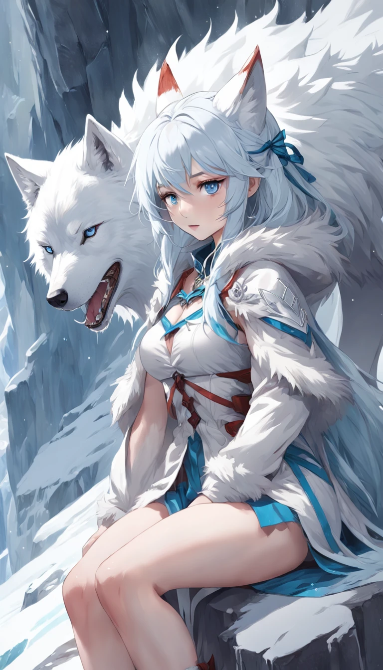 (A cold woman in an ice shooter costume sits on the edge of an ice cliff,Archer with ice bow:1.2),(Red hair: 1.5),(Blue fluffy hood,blue colored eyes,White hair,Delicate and beautiful face:1.3),Fine and perfect anatomy,dynamicposes,snowy day,Fantasyart,There is a white wolf next to him,Background of glaciers,Beneath your feet are ice cliffs,blanche_Blue gradient rendering,Highest image quality,Highest high resolution,high detal,Object shadows,Dynamic light sources,Cloudy days,Screen dim,tmasterpiece,offcial art,Whole body diagram,The white wolf lay beside the woman,Detail portrayal of hair,,moonriver,tianqingniu,flower,1 girl
