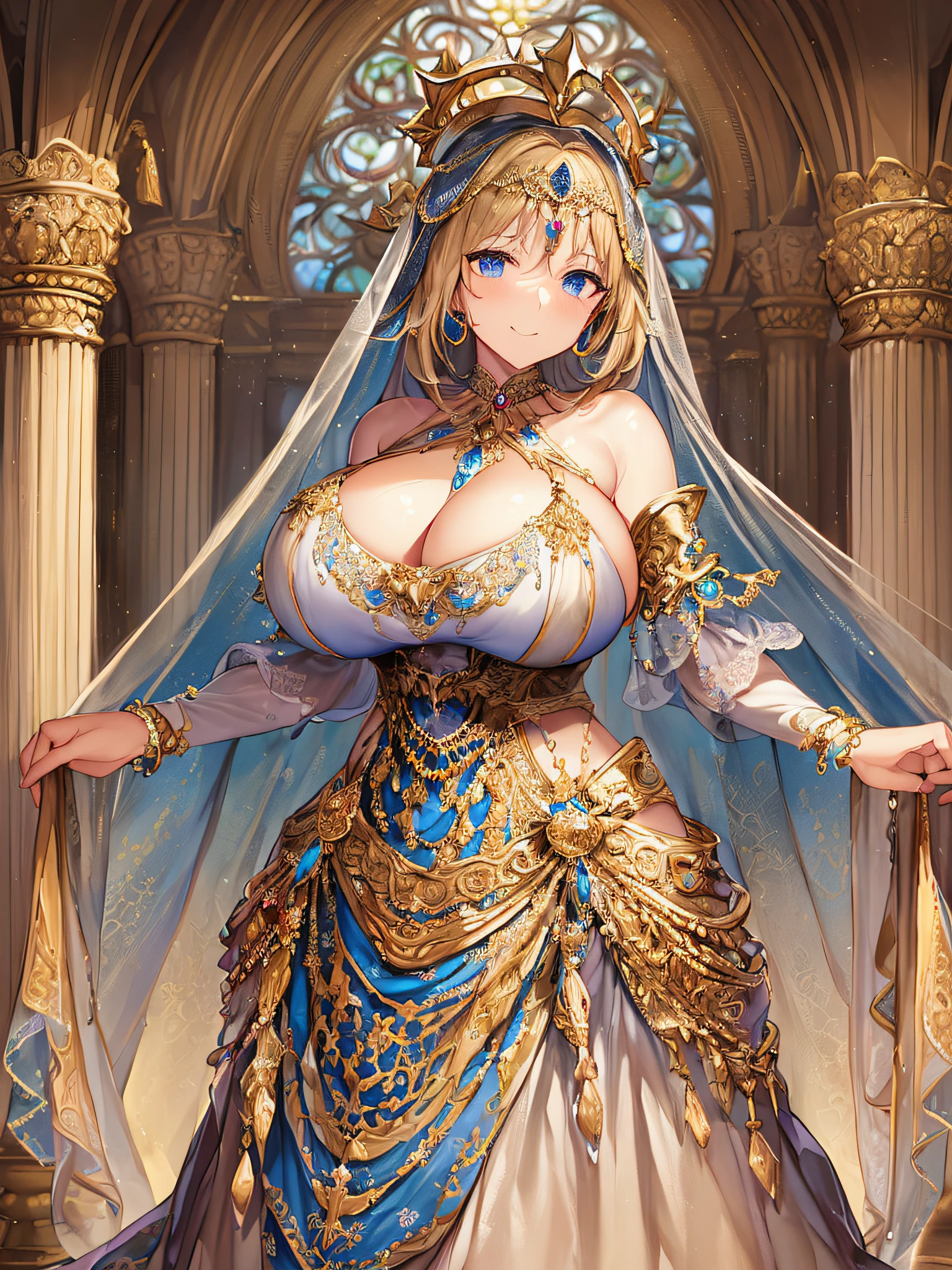 (anime artstyle),((Masterpiece,Best Quality,Super Detail,Very Delicate and Beautiful)),Solo,((full body,standing picture)),standing in the sacred cathedral,((Sacred atmosphere)),((1 holy High Priestess in beautiful embroidery and jeweled gorgeous rococo ballgown dress with voluminous full length hoop skirt)),(crinoline),gorgeousfull embroidery,(gorgeous gemstone jewelry),((gorgeousfull Sacred Veil)),(detailed face and eyes),jewel-like eyes,smile,((large amount of straight hair,extremely Long voluminous Hair)),((gigantic tits,Long tits,skindentation)),gorgeousfull embroidery,cleavage,extremely gorgeousfull hair ornament,(bling-bling extremely gorgeousfull jeweled tiara),gorgeous corsage,Stained glass,(Dynamic Angle),Looking at viewer,((full body)),((beautiful embroidery and jeweled gorgeous rococo ballgown dress with voluminous full length hoop skirt))