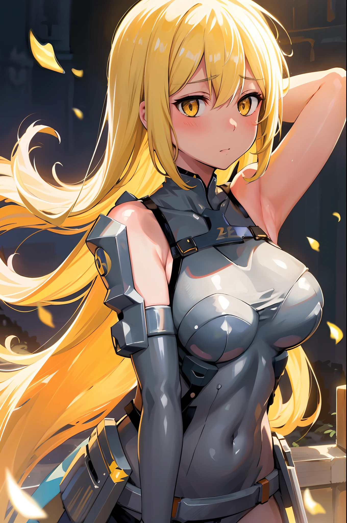 masterpiece, best quality, 1girl, looking at viewer, cute, bikini, medium breasts, yellow eyes,  aiz wallenstein,  yellow hair, long hair, beautiful detailed eyes, arms behind head, embarrassed, (upper body:1.4), simple background