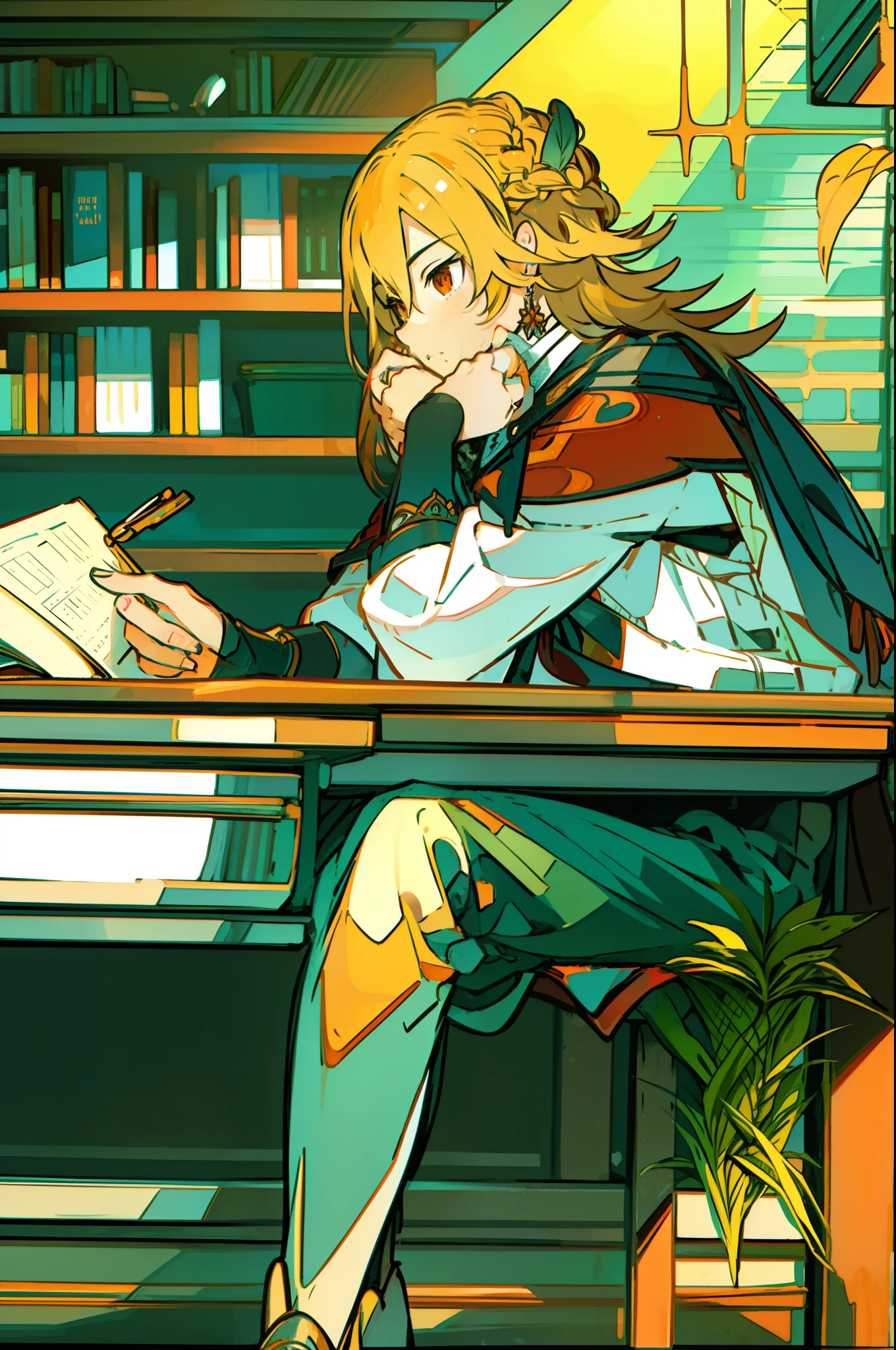 lo-fi illustration, sitting at desk, 1 man, writing in a book, desk lamp, detailed environment, bookshelves in background, potted plants, scrolls