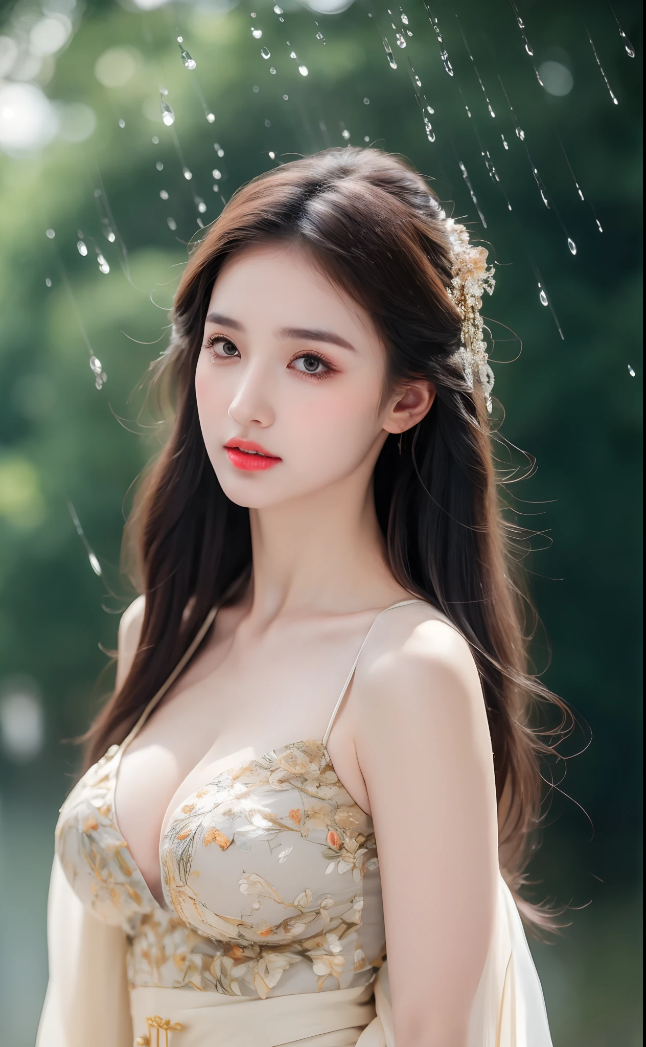 ((Best Quality, 8k, Masterpiece: 1.3)), Focus: 1.2, Perfect Body Beauty: 1.4, Buttocks: 1.2, ((Layered Haircut)), (Wet Clothes: 1.1), (Rain, Street:1.3), (Breasts: 1.2), (Hanfu: 1.2), Bare Shoulders, Bare Legs, Highly Detailed Face and Skin Texture, Fine Eyes, Double Eyelids, Whitened Skin, Long Hair, (Shut Up: 1.5), (Bokeh Background: 1.5), Big Breasts