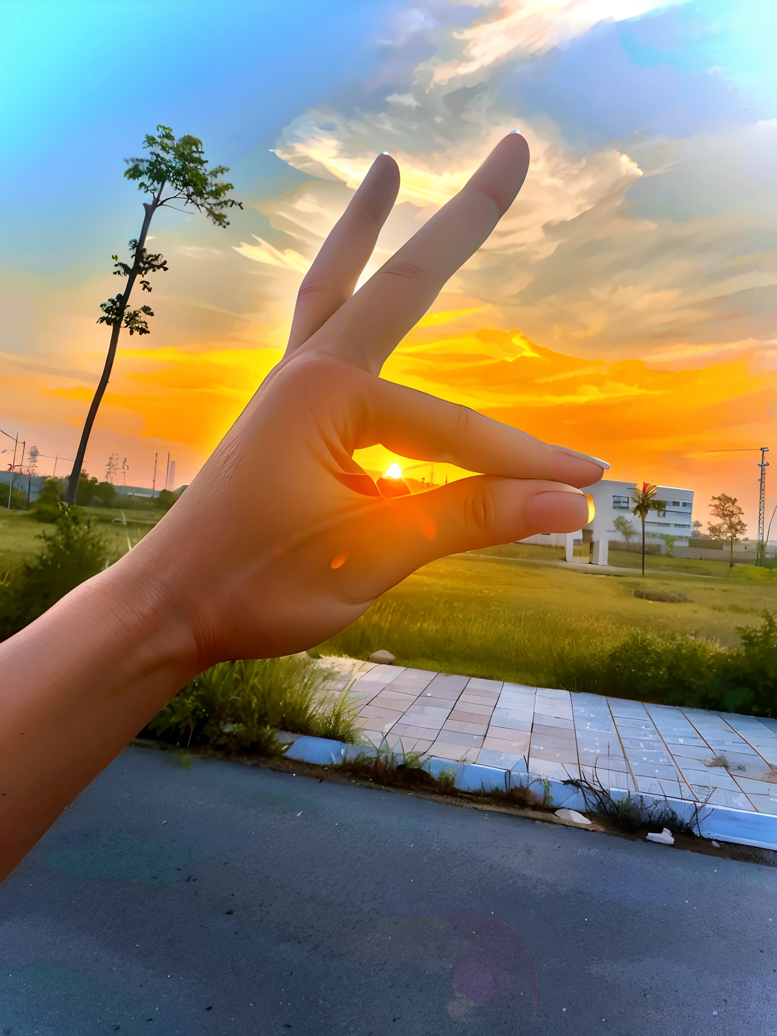 There is a woman standing on the path looking at the water in the beautiful sunset, in the sunset, watching the sunset, the sun behind her, in the sunset, the girl looking at the sunset, the ethereal glare of the sun, the sun shining on it, in the golden hour, in the soft dreamy glow at sunset, high quality, 8k, hyper detail