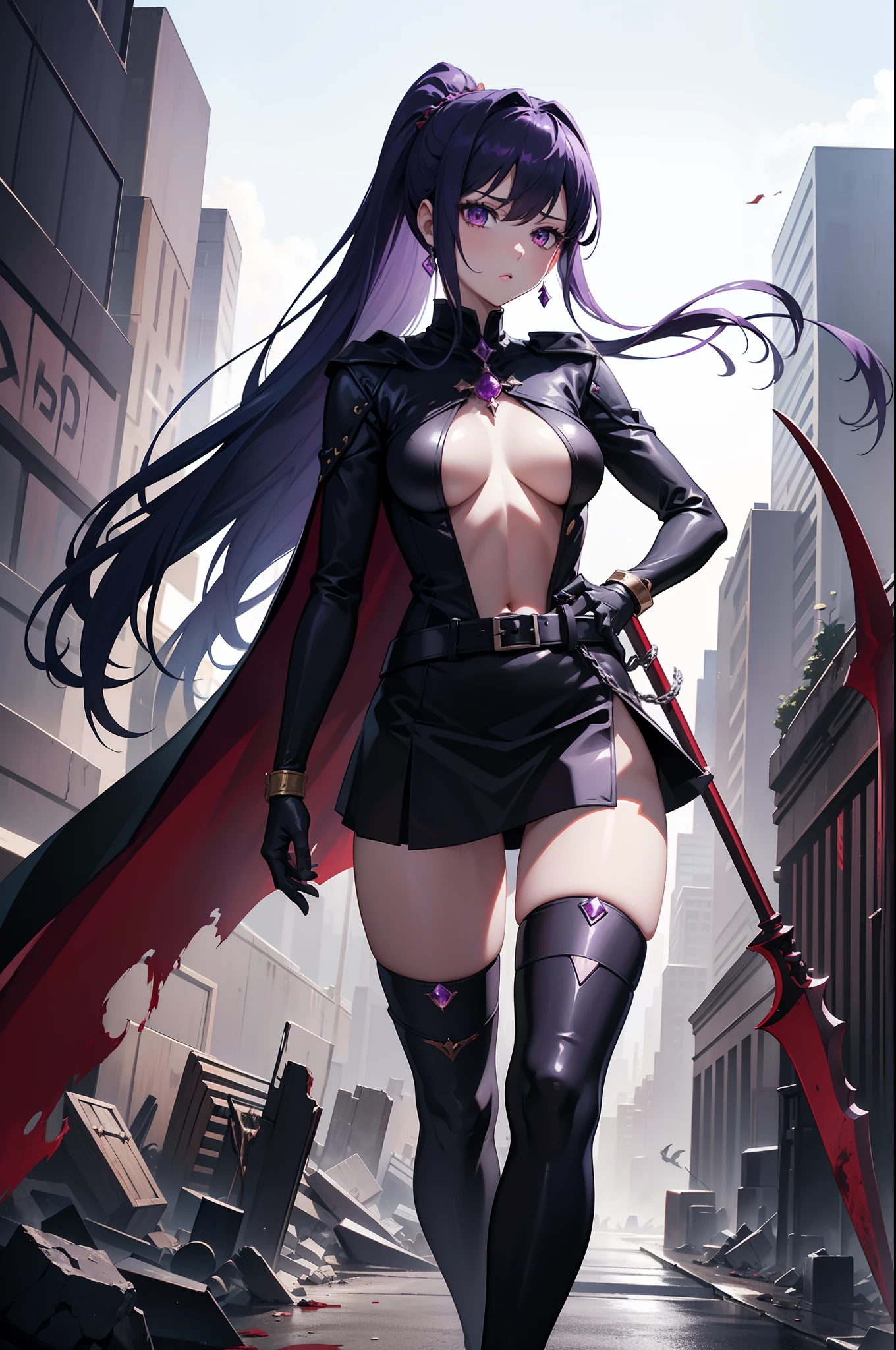 sexy woman, perfect body shape, small breast, holding giant scythe, battle suit outfit, silver color breast plate, battle skirt, (royal cape:1.1), main color is matte black, secondary color is purple, ((bloody body detailed)), sexy and devil aura, original character, masterpieces, seducing purple pupil, black high pony tail with some purple hair, 20 years old, walking under blood moon and middle of the destroyed city street, high quality anime 4k wallpaper, purple gem accessories, golden belt, golden necklace, windy and holy effect, devil tattoo.