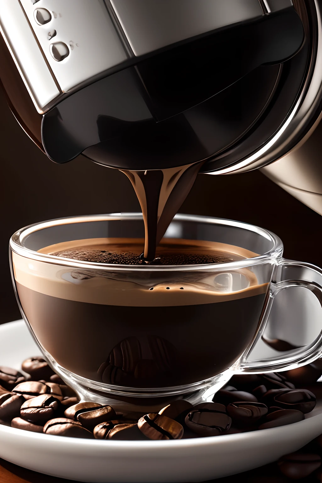 Fotografia macro do ((Detail of espresso coming out of the Italian coffee maker)) para ((small transparent glass cup)). Coffee beans adorn the scene. Hyper-realistic detail of the machine, of the cup and the coffee dropping creamy. kinematic lighting, 8k