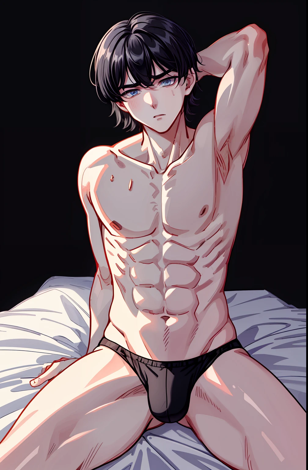 #quality (Highest quality,Masterpiece,A high resolution,8K image quality,Perfect anatomy), #composition (Low angle,worms-eye-view,There was a boy.), #person (A -yeld bomall but cute boy、Bullish personality、honor student、Good impression、Boy's hand、Knees、The thighs of a 14 year obreasts Thin waist,Sweaty), #Boy facial (Big drooping eyes、Strong-willed、Serious eyes、blue color eyes), #Boy's hair (His hair is jet black. He has short, Straight hair,Hairstyle is natural and neat,M-shaped bangs.), #boy cloth (He was topless and naked, Wearing a pair of black tight boxer panties.), #Boy's background (Black background,White sheets), #Boy's pose (He sat flat,A hand caresses his abdomen,wide open thighs,Postural instability), #Boy's emotions (Shy,is shy)