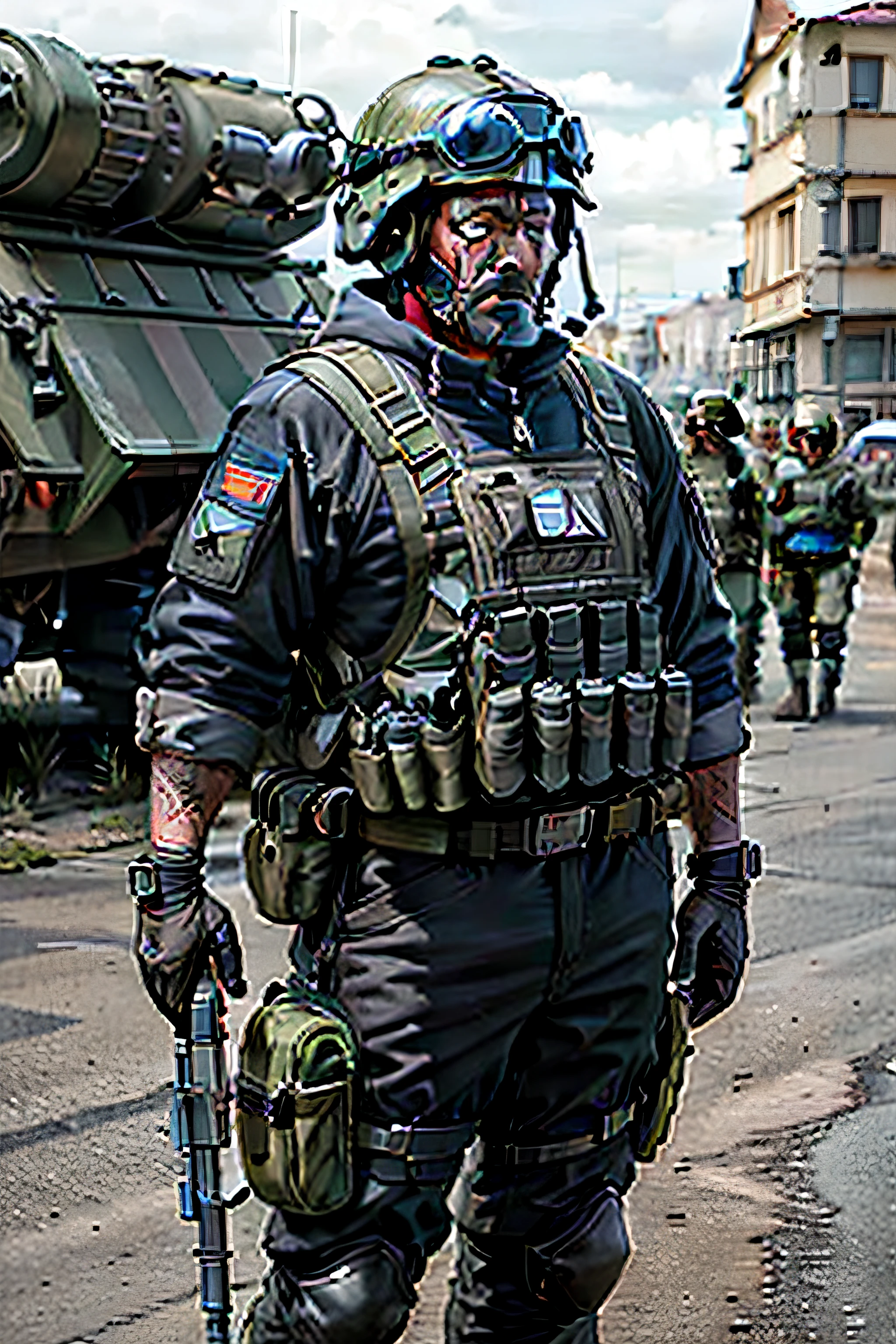 An elderly Russian holds an AK47 assault rifle,Wearing an Altyn helmet,Dressed in black tactical body armor, NATO soldiers stood behind it,In front is a group of peacekeepers with guns