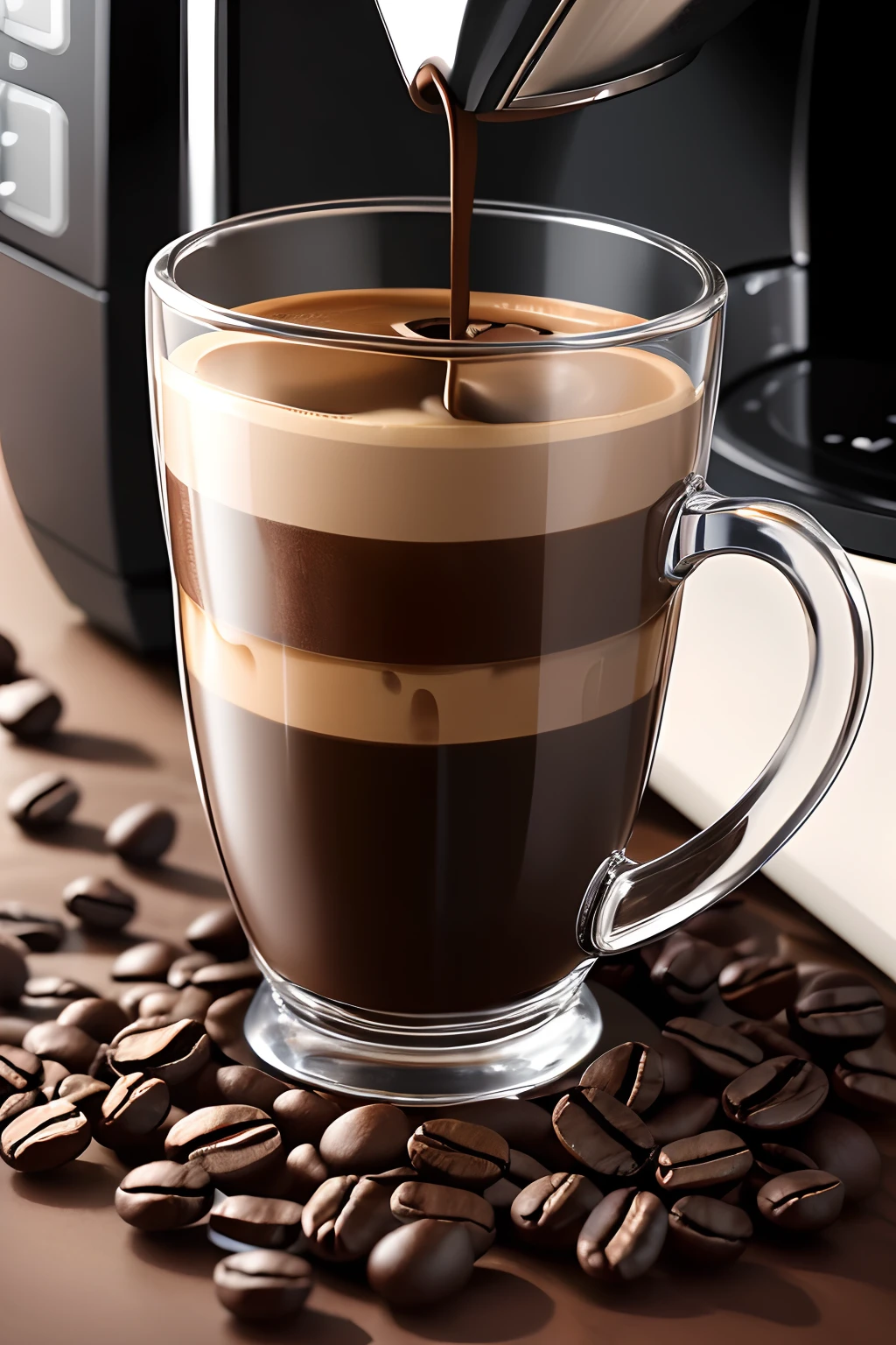 Fotografia macro do ((Detail of espresso coming out of the Italian coffee maker)) para ((small transparent glass cup)). Coffee beans adorn the scene. Hyper-realistic detail of the machine, of the cup and the coffee dropping creamy. kinematic lighting, 8k