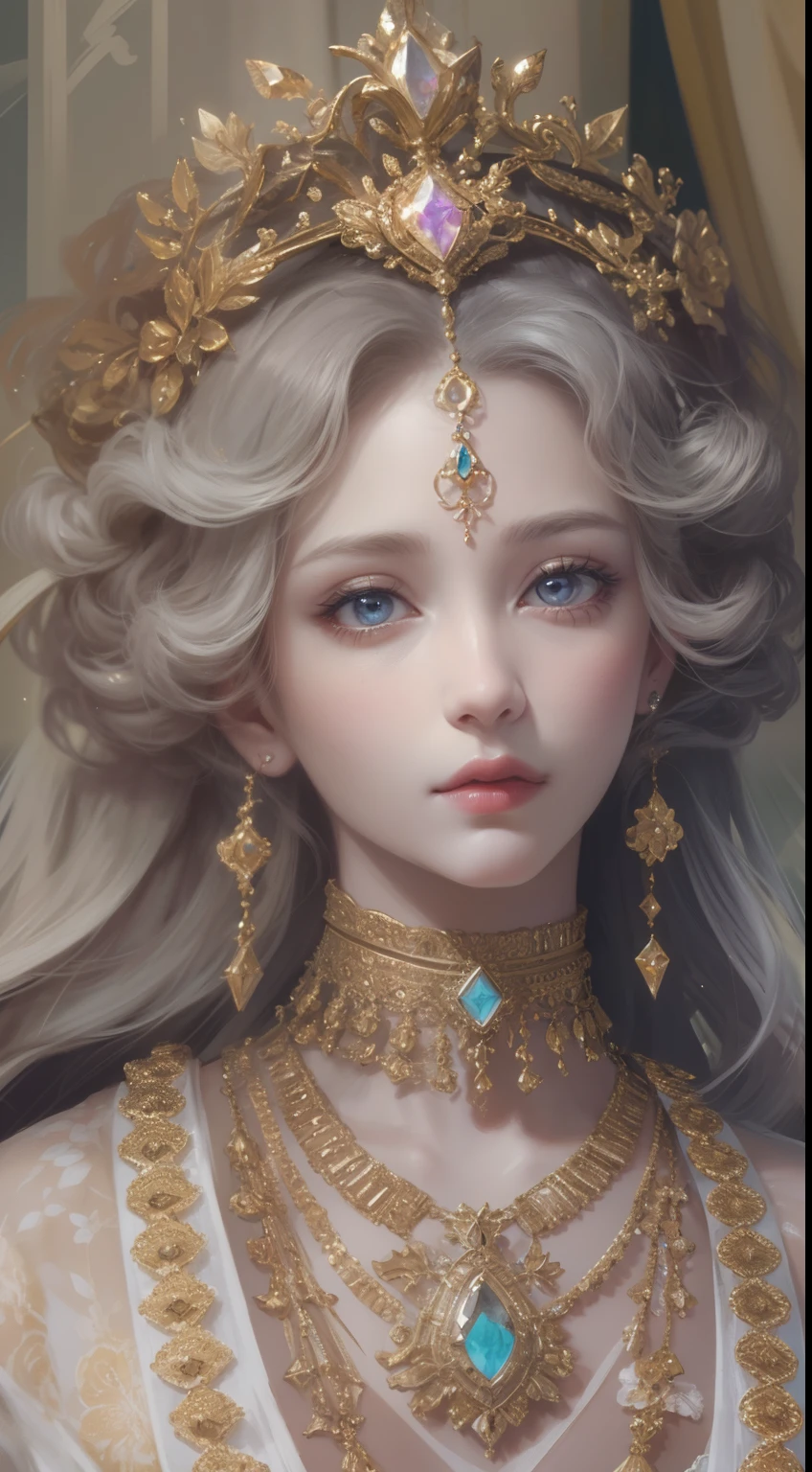 tmasterpiece,Highest high resolution,Beautiful bust of a noble lady,Delicate braided hair,Clear eyes,The hair is covered with beautiful and delicate floral craftsmanship, Crystal jewelry filigree,Ultra-detailed details,upscaled。Soft lighting