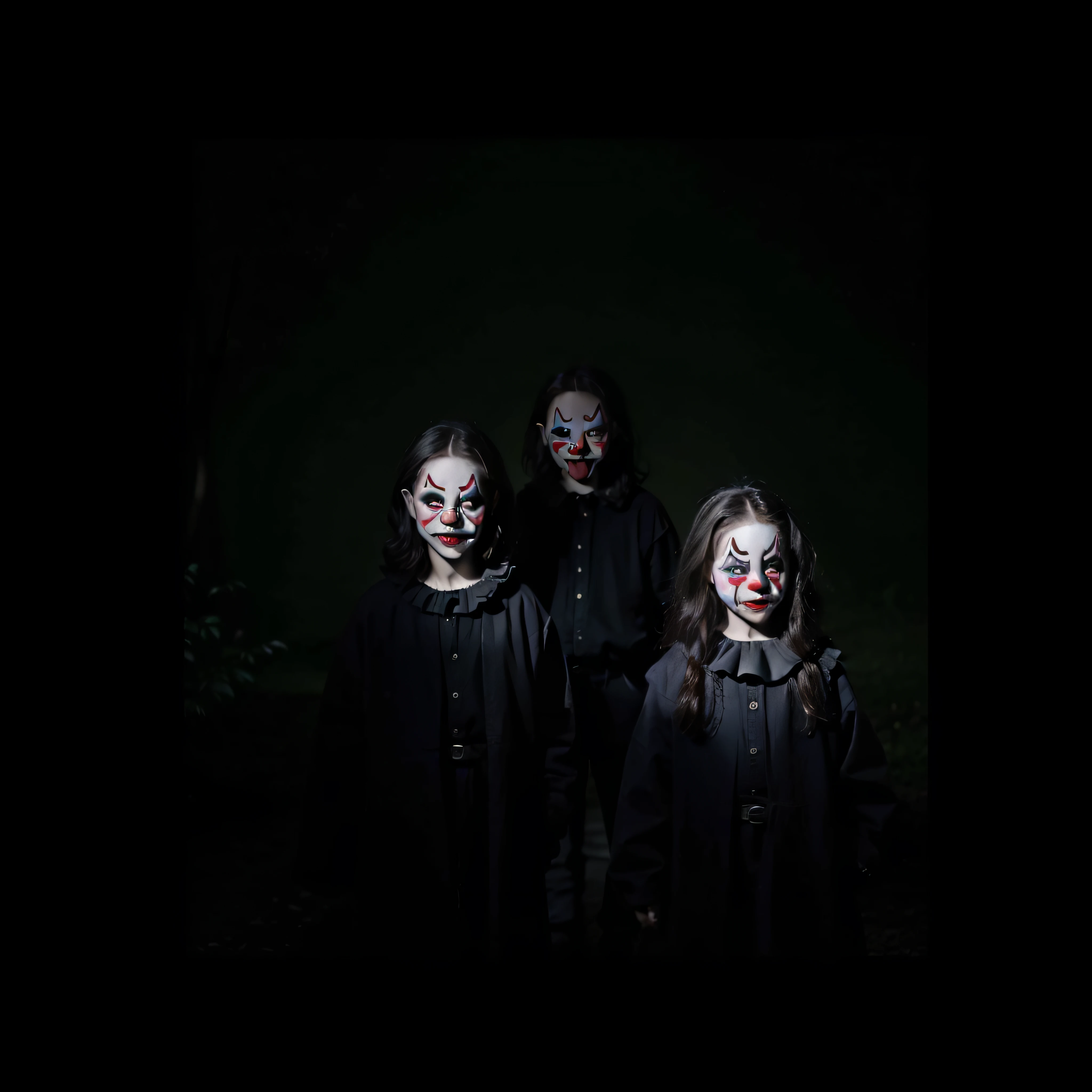 (Very old photograph only in sepia color:137), monochrome, cenobitic characters from the movie Hellraiser, ((in medium full shot, low-angle ground view,)) A dark, eerie forest scene with a group of five figures walking towards the camera. The central figure is a child dressed in a black hooded coat with two red buttons down the center and black leggings, paired with black boots. The  is holding hands with two women, all of whom are wearing identical dark knee-length dresses with button details and black boots. Their faces are covered with terrifying white masks featuring black eye sockets, long black hair framing their faces, and mouths open wide in horror. The child and the women have their mouths agape in screaming poses, creating a chilling atmosphere. To the left of the group, there is a large, rough-textured beige cube with spikes protruding from its surface, resembling a trap or device. The cube has a central spherical element, giving it a mechanical appearance. The background consists of a dense, foggy forest with tall, bare trees that blur into the misty distance, creating a haunting ambiance. The ground is covered with dry leaves, adding to the eerie mood. The lighting is soft, diffused, and low, enhancing the ghostly and unsettling atmosphere of the scene. The overall color palette includes dark olive green, charcoal gray, bone white, and dark brown, contributing to the gloomy and foreboding feel. The composition is symmetrical, with figures arranged in a triangular formation, emphasizing the depth and tension of the scene. The image has high contrast and low gamma, with muted saturation and luminance, further accentuating the haunting ambiance of this horror-themed photograph. director Fritz Lang credits, science fiction, photorealistic, cinematic film, Ultra detailed, RAW photo, cinematic, artstation style, concept art, masterpiece, 8k, black and white, realistic textures, 3D rendering.