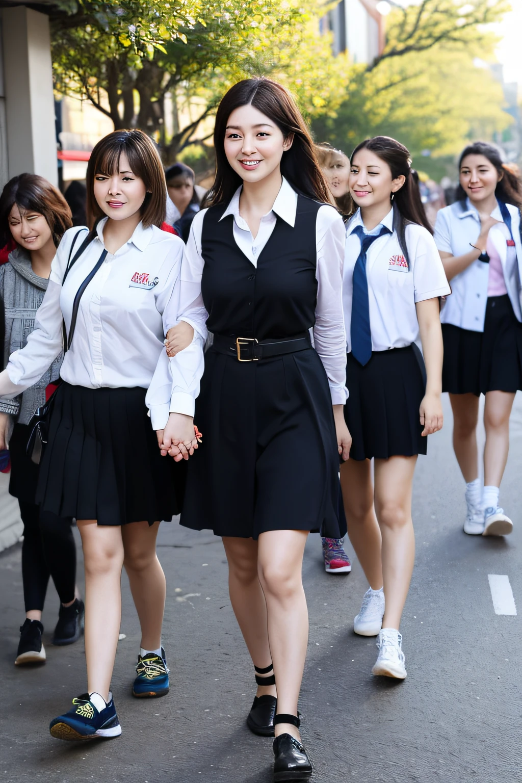 "A beautiful mother walking hand in hand with her daughter to school, surrounded by a lively group of students and teachers."