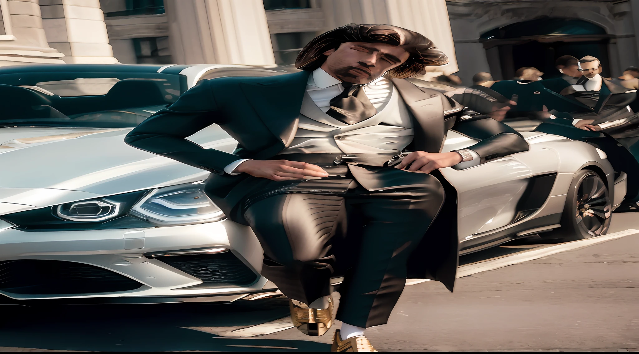 Araffe vestido com terno e gravata ao lado de um carro, apelo masculino alta moda, vestidos com roupas caras, inspirado em Hedi Xandt, terno maximalista moderno, terno preto luxuoso, Directed by: Hedi Xandt, estilo rico, terno luxuoso, vestindo um terno masculino elegante, ostentando sua riqueza, vestido com roupas caras