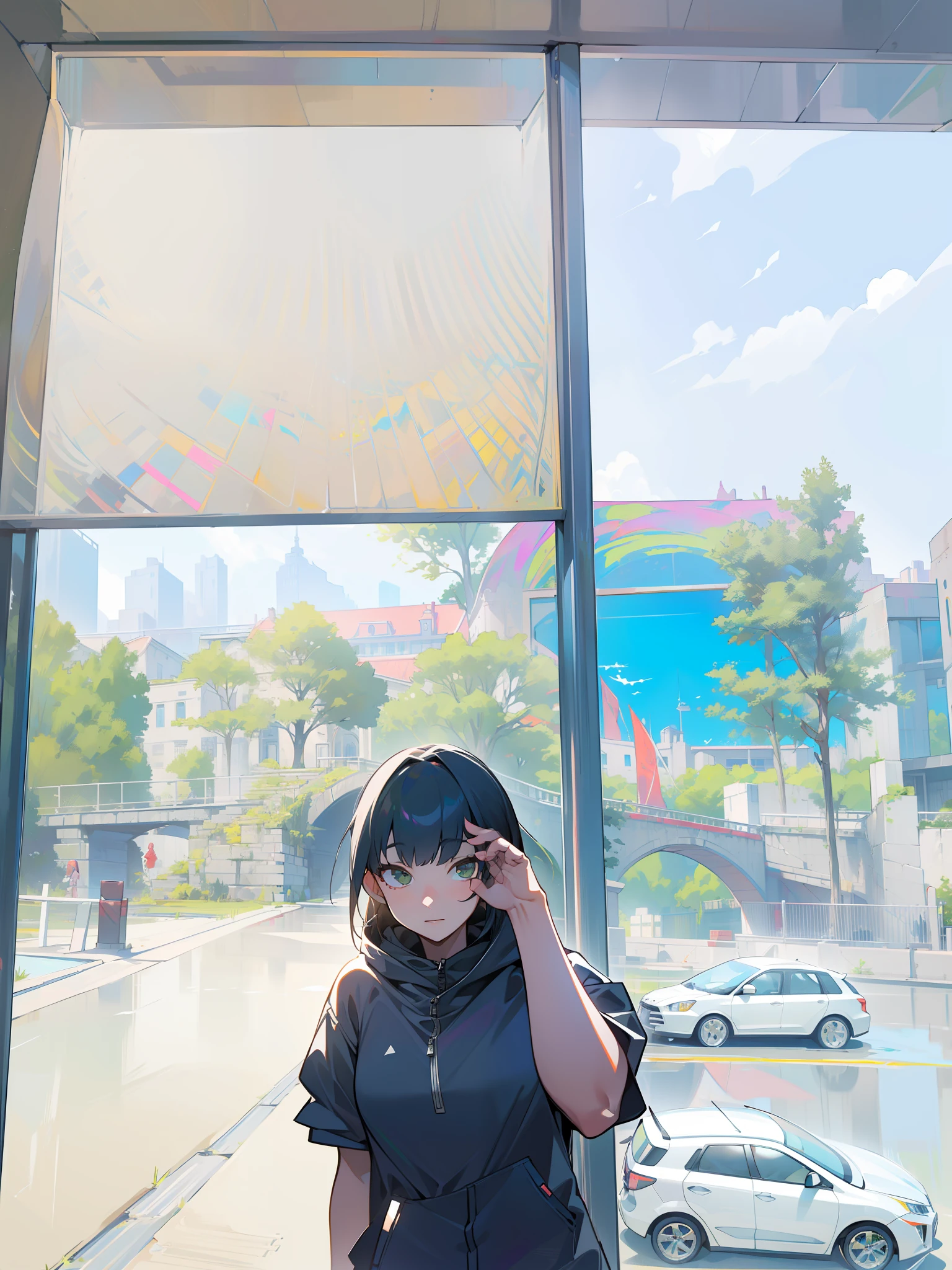 mksks style, (very detailed background:1.0), (highly detailed background:1.0), 1girl, full_body, looking_at_viewer, hoodie, partially_unzipped, masterpiece, best quality, (1girl, solo, girl:1.2), lake, grass, walking on water, jumping, stone ruins, chromatic aberration, depth of field, soft lighting