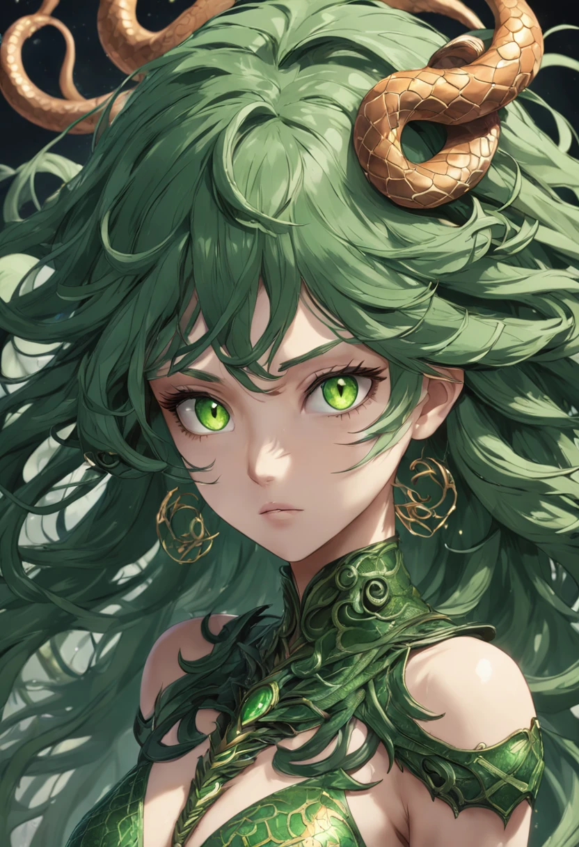Medusa, ((best quality)), ((masterpiece)), ((realistic)), full body, the hair is composed of countless small snakes, ((green eyes)), female face, metal carved top, royal aura, trend on artstation , sharp focus, studio photo, intricate detail, very detailed, detailed eye, illustration, very detailed, sharp focus, digital render, professional, 4k