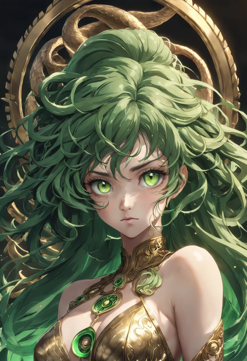Medusa, ((best quality)), ((masterpiece)), ((realistic)), full body, the hair is composed of countless small snakes, ((green eyes)), female face, metal carved top, royal aura, trend on artstation , sharp focus, studio photo, intricate detail, very detailed, detailed eye, illustration, very detailed, sharp focus, digital render, professional, 4k