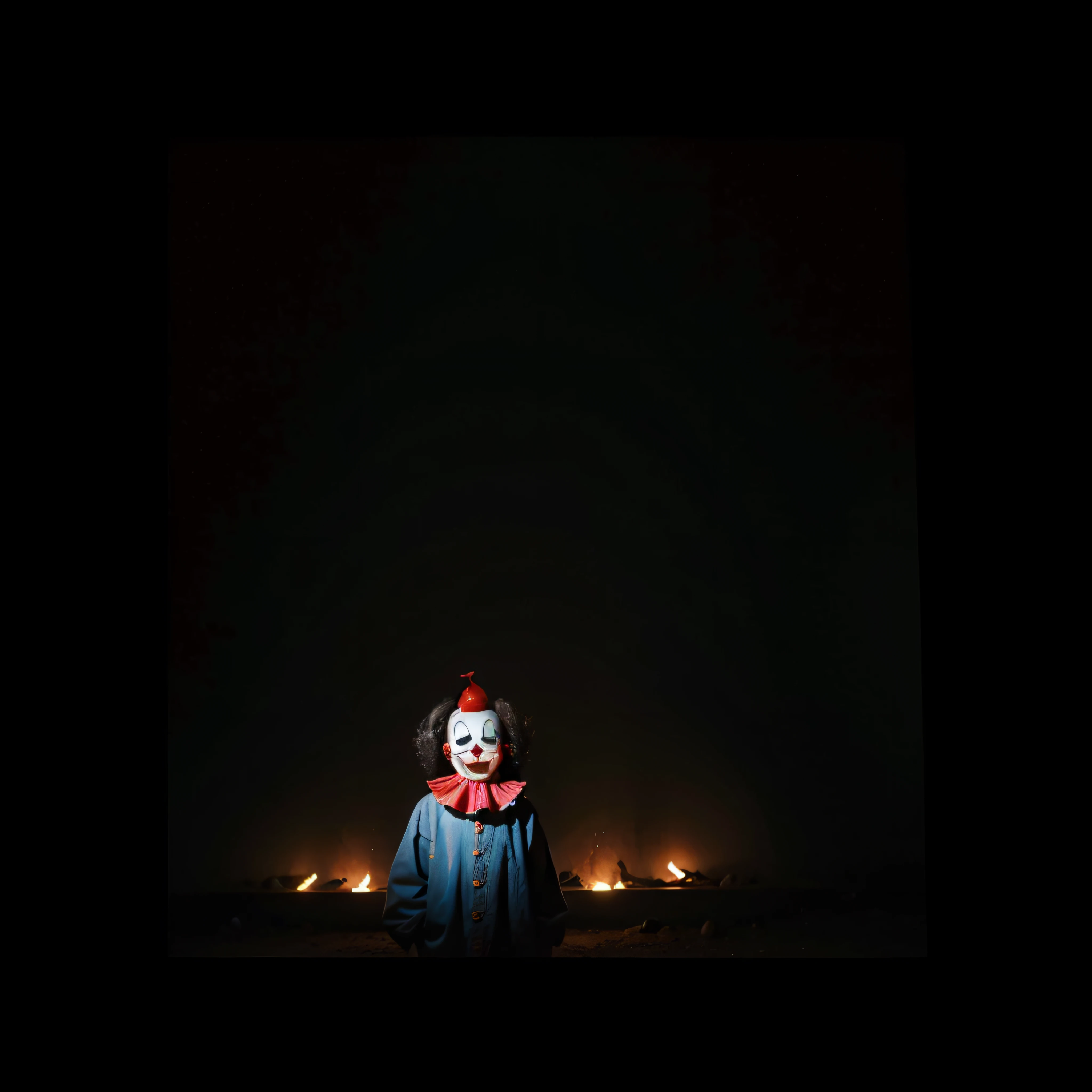 (extremadamente detallado, obra maestra, La mejor calidad, foto antigua, principios de siglo) dark kids with horror clown masks, colmillos, una linterna directa lo ilumina, bosque de noche. plano cercano. sangre por el suelo.