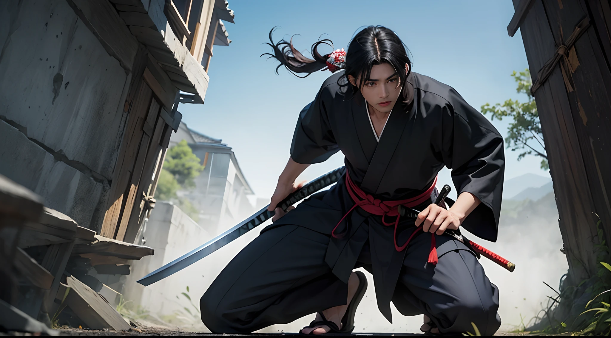Men, black hair, alone, kimono black, ninja, katana,