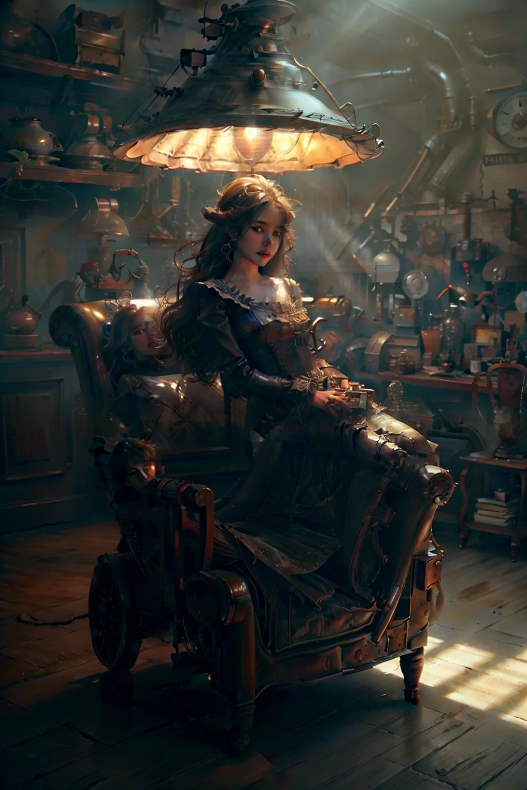 exquisite detailing，1female sitting in sofe，full body view,locker，lamp lights，（Royal Sister）English leather chaise longue， Moles under eyes, hyper HD，Anatomically correct，3D printing style，best qualtiy