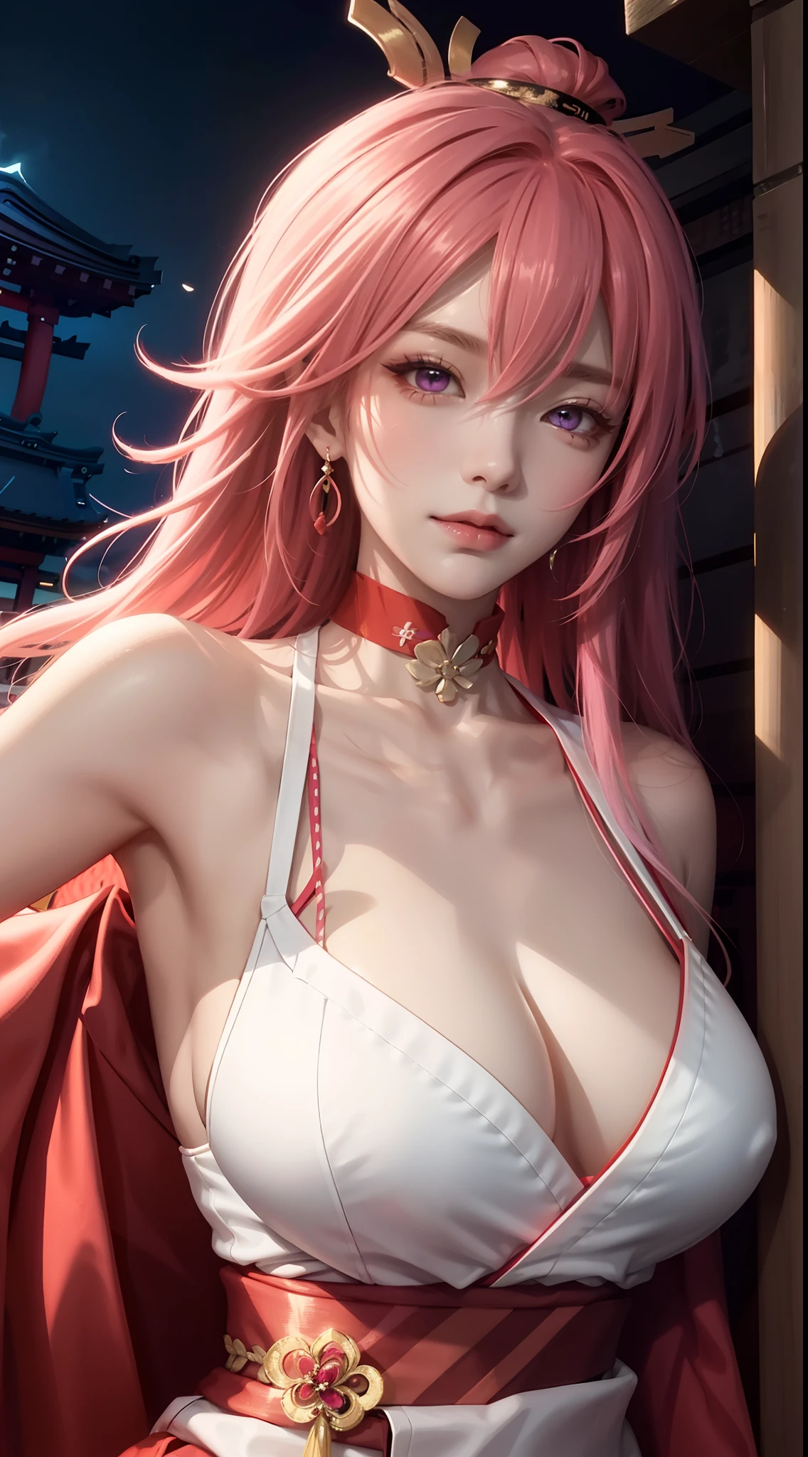 （tmasterpiece，Need，1girll，Solo，The details are complex，Look up at the perspective，color difference），photorealestic，（frontage），(cropped shoulders)，cleavage，Close-up，ssmile，Raised sexy，Yae Miko，Pink Long Hair，red headgear，Red highlight，Hair above one eye，Purple eye，耳Nipple Ring，sharp look，Perfectly symmetrical figure，choker necklace，Neon shirt，Open jacket，high-necksweater，against a wall，brick walls，scribbles，dim murky lights，alley，looking at viewert，（（Mean streak，Cleavage is seductive，big breasts enchanting）），（（（sakurabackground))),(((Japanese temple background))), (((Glow-in-the-dark background)))