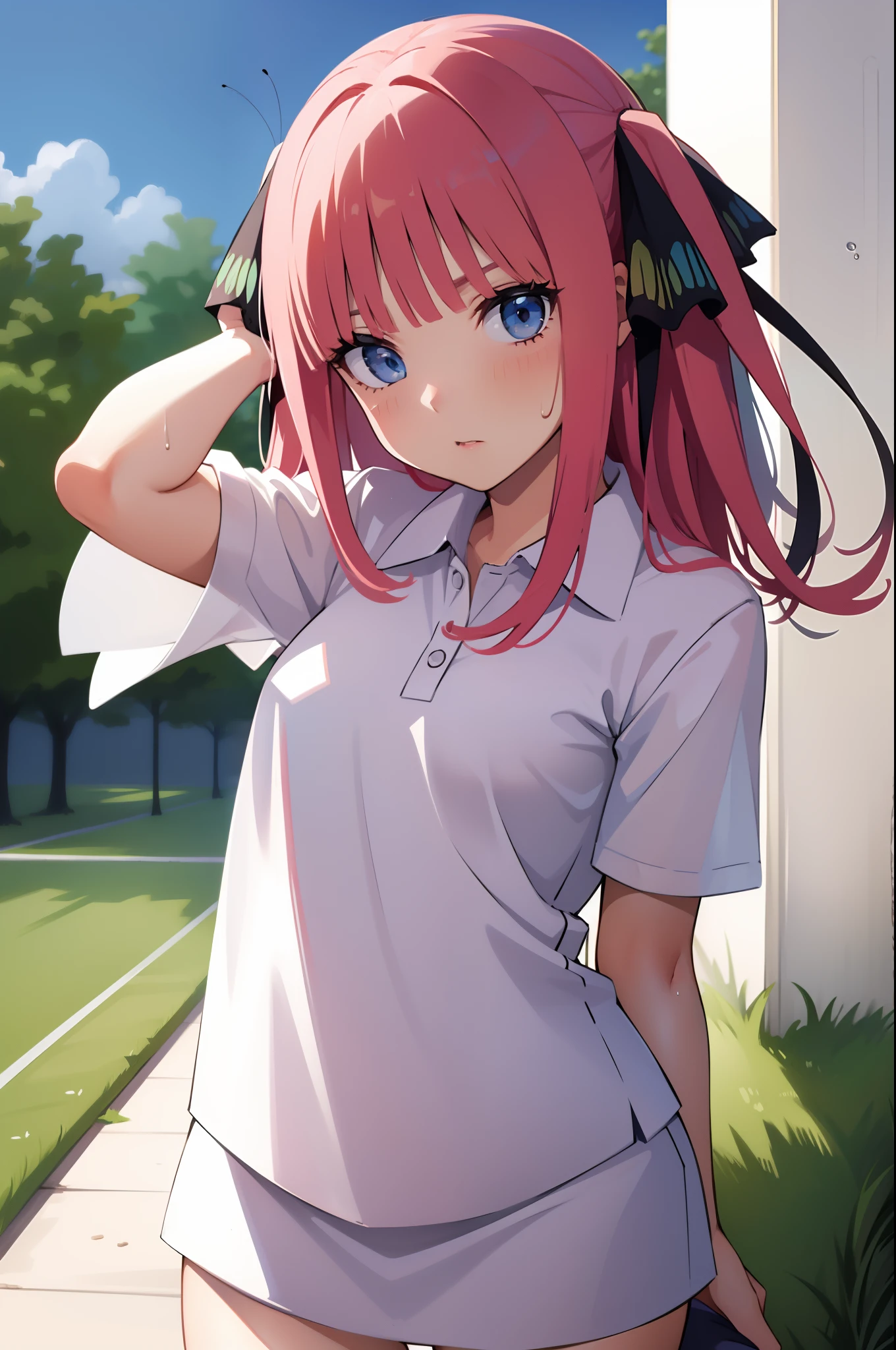Absurd, Masterpiece, Best Quality, Realistic, Ultra Detail, (Shiny Skin, Sweat: 1.4), Slim, Gaze Viewer, 1Girl, Solo, Tennis Wear, White Polo Shirt, White Sneakers, White Miniskirt, Long Hair,pink Hair, Blue Eyes, (Thick Thighs: 0.5), Dynamic Lighting, High Resolution, Sharp Focus, Depth of Field, Small Breasts