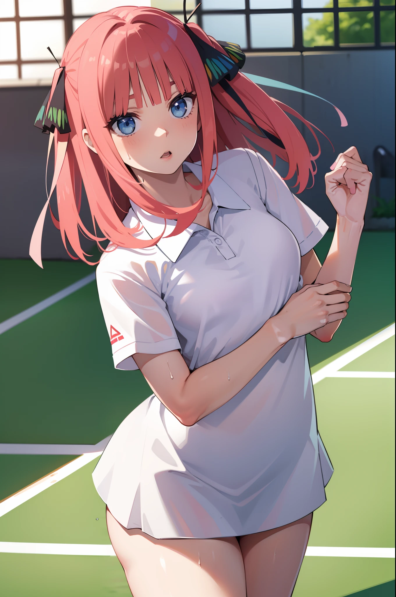 Absurd, Masterpiece, Best Quality, Realistic, Ultra Detail, (Shiny Skin, Sweat: 1.4), Slim, Gaze Viewer, 1Girl, Solo, Tennis Wear, White Polo Shirt, White Sneakers, White Miniskirt, Long Hair,pink Hair, Blue Eyes, (Thick Thighs: 0.5), Dynamic Lighting, High Resolution, Sharp Focus, Depth of Field, Small Breasts