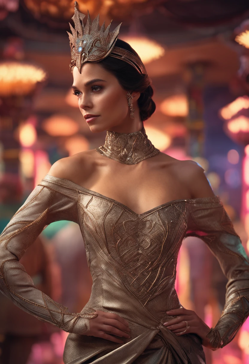 Photorealistic head-to-toe image of a gorgeous brunette woman wearing a tight formal gala-dress and a large chupalla-hat, hair in a bun, hair-bun, star wars setting, star wars movie heroine, Colorants naturels, pose dynamique, Kinematic image, detail Gorgeous face, detailed skin, (Epic science-fiction heroine, fantasy world, Femme fatale, (inspired by Tomer hanuka, Victor Mosquera, jean giraud moebius)) Looking with purple eyes on camera, Rendu octane, Hdr, couvrir, unzoom, luminisme, Bar lighting, complexe, 8k Resolution Portrait Bioluminescens Fractal Isometry Details : Stunning realistic photography.