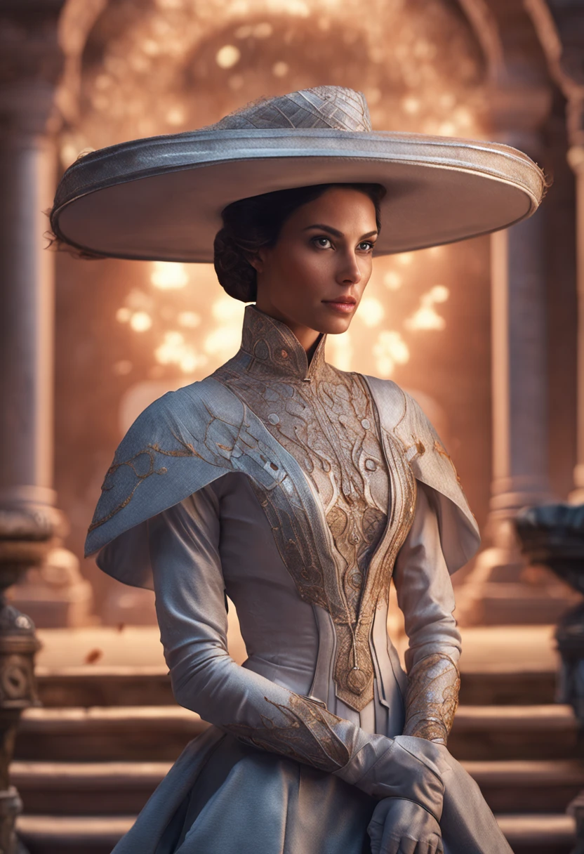 Photorealistic head-to-toe image of a gorgeous brunette woman wearing a tight formal gala-dress and a large chupalla-hat, hair in a bun, hair-bun, star wars setting, star wars movie heroine, Colorants naturels, pose dynamique, Kinematic image, detail Gorgeous face, detailed skin, (Epic science-fiction heroine, fantasy world, Femme fatale, (inspired by Tomer hanuka, Victor Mosquera, jean giraud moebius)) Looking with purple eyes on camera, Rendu octane, Hdr, couvrir, unzoom, luminisme, Bar lighting, complexe, 8k Resolution Portrait Bioluminescens Fractal Isometry Details : Stunning realistic photography.