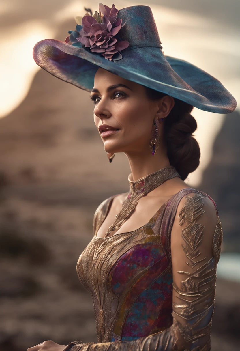 Photorealistic head-to-toe image of a gorgeous brunette woman wearing a tight formal gala-dress and a large chupalla-hat, hair in a bun, hair-bun, star wars setting, star wars movie heroine, Colorants naturels, pose dynamique, Kinematic image, detail Gorgeous face, detailed skin, (Epic science-fiction heroine, fantasy world, Femme fatale, (inspired by Tomer hanuka, Victor Mosquera, jean giraud moebius)) Looking with purple eyes on camera, Rendu octane, Hdr, couvrir, unzoom, luminisme, Bar lighting, complexe, 8k Resolution Portrait Bioluminescens Fractal Isometry Details : Stunning realistic photography.