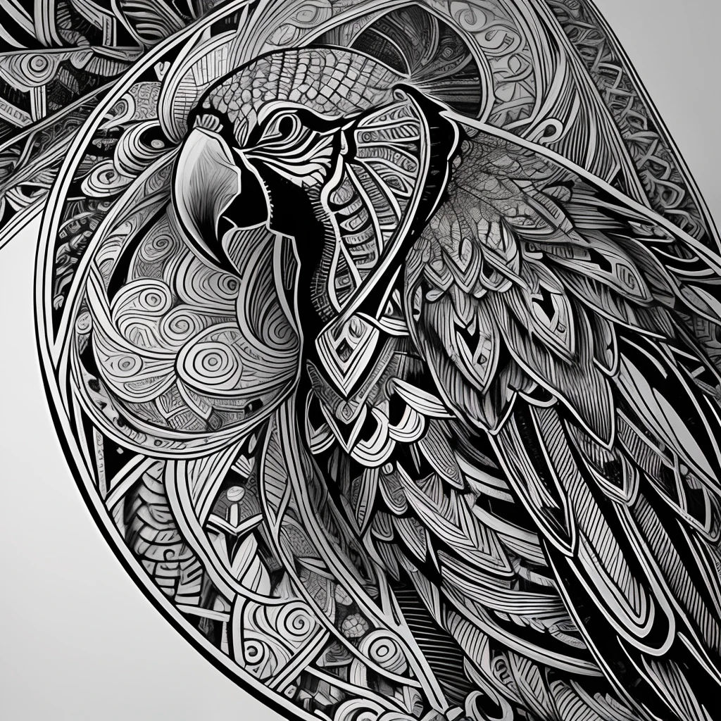 parrot, black and white, zentangle (best quality) ultra-detailed, fine line drawing, fine line art, coloring book illustration style, intricate linework, highly detailed illustration, perfect composition, beautiful and stunning, dynamic angle, high contrast, incredible shading, incredible detail, unique style, black and white details, (dark and mystical atmosphere), intricate and detailed nature elements.