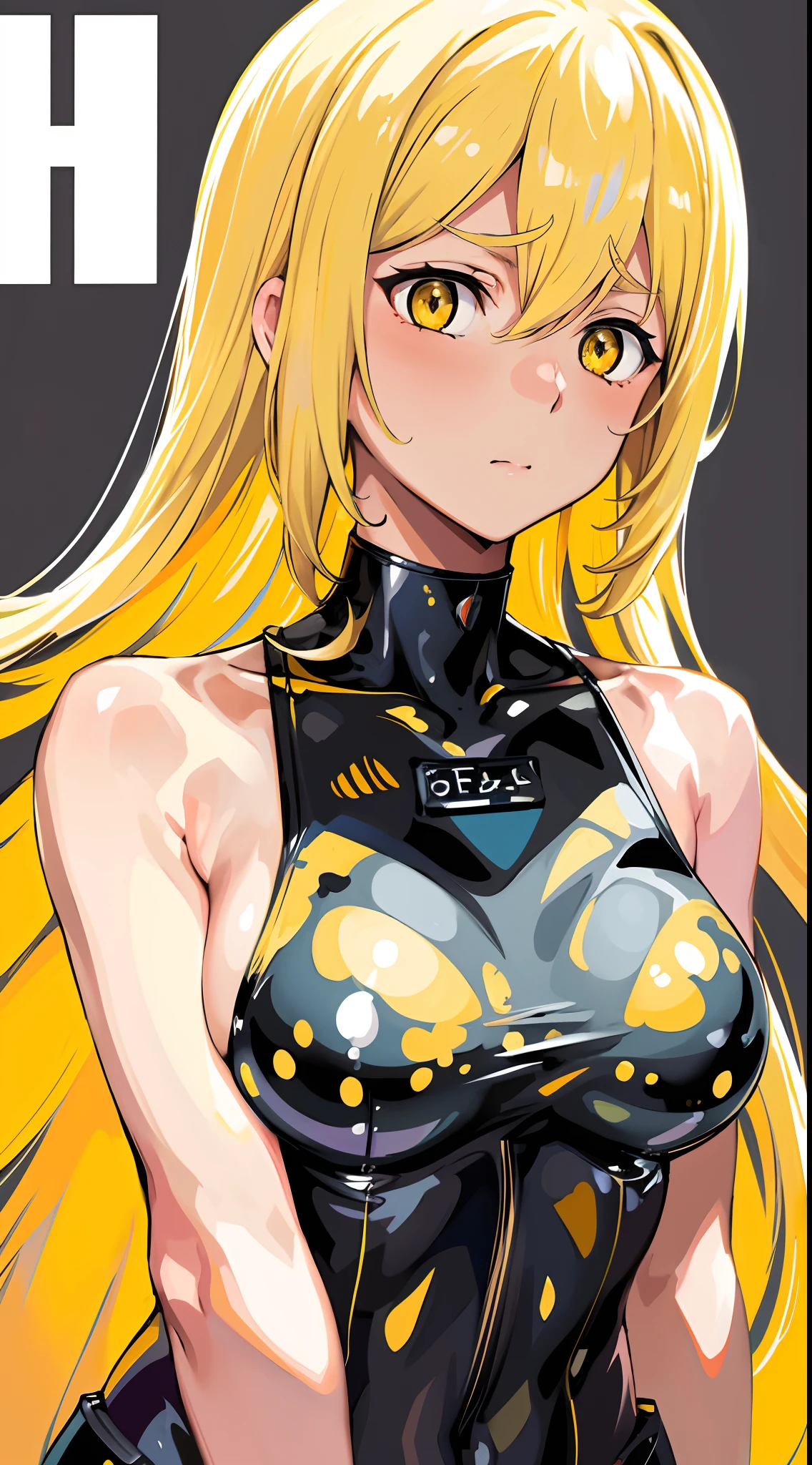 masterpiece, best quality, 1girl, looking at viewer, cute, bikini, medium breasts, yellow eyes,  aiz wallenstein,  yellow hair, long hair, beautiful detailed eyes, embarrassed, (upper body:1.4), simple background