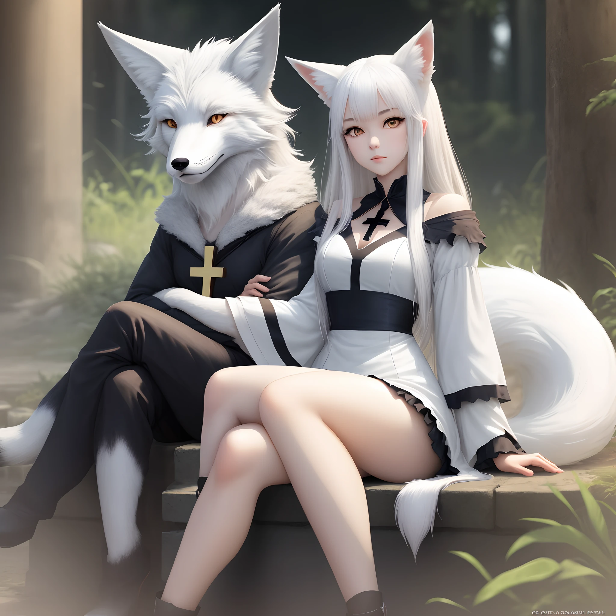 ((best quality, Masterpiece, Complete anatomy, Detailed pictures)), long haired, 1 woman, ferret arctic, sexy, long white hair, ponytail, gray eyes, White eyes, ferret tail, naked, red red, shy, in the cherry tree, have sex, Having sex between men and women,