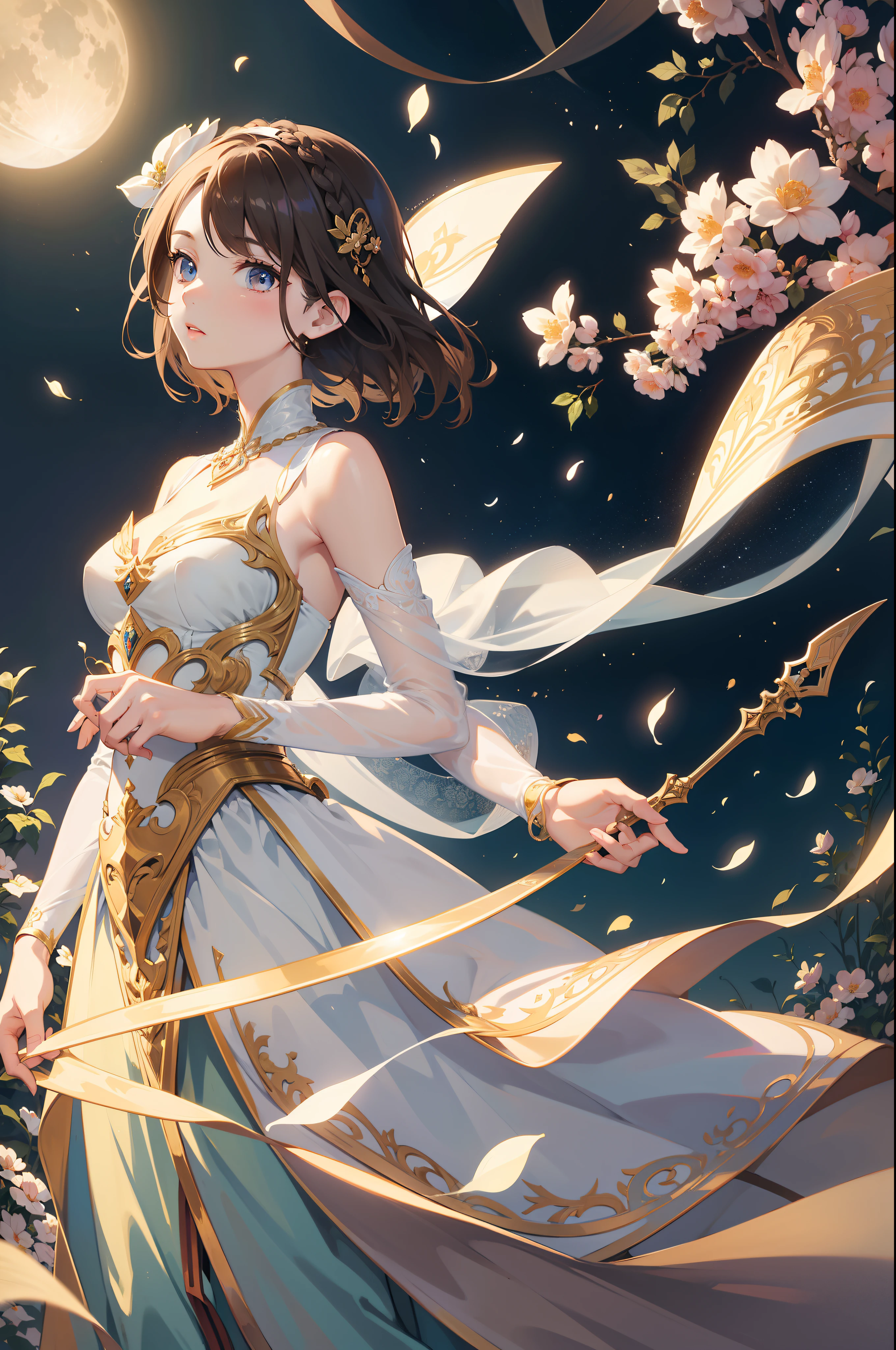 Official Art, Masterpiece European female, elvish, short hair, pale brown hair , brown eyes, (masterpiece、top-quality、hight resolution: 1.4),in 8K, Drawing of a woman with short pale brown hair, Anime Art Nouveau, highly detailed exquisite fanart, anime fantasy illustration, clean detailed anime art, detailed anime art, Sharp Focus, Delicate Beautiful Hair and Eyes and Face, realisitic, ultra-detailliert, flower garden, only one person