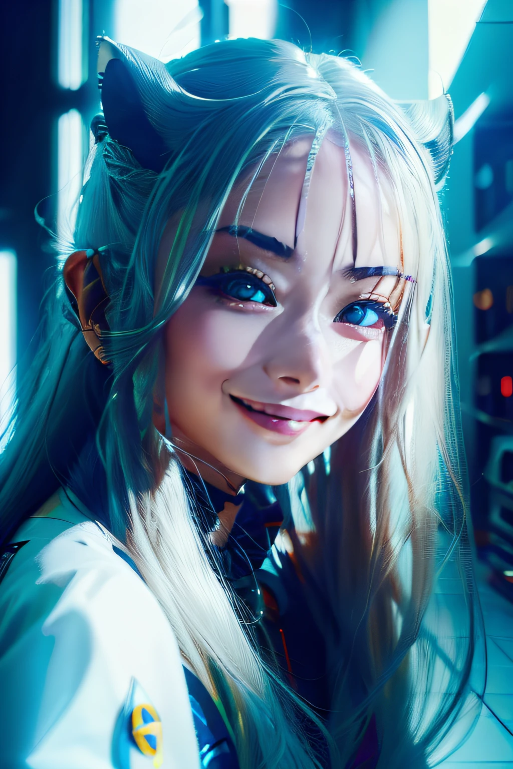 silver hair, long hair, hair over shoulder, hair bobbles, mismatched pupils, devil pupils, kemonomimi mode, light smile, Surrealism, Cubist Futurism, chiaroscuro, ray tracing, cinematic lighting, panorama, Eye-Level Shot