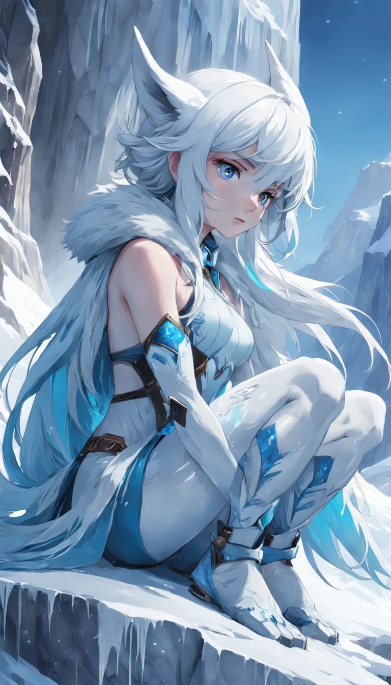 (A cold woman in an ice shooter costume sits on the edge of an ice cliff,Arquero con arco de hielo:1.2),(Pelo rojo: 1.5),(Capucha azul esponjosa,ojos azules,cana,Rostro delicado y hermoso:1.3),Fine and perfect anatomy,dynamicposes,Snowy day,Fantasyart,Hay un lobo blanco a su lado,Antecedentes de los glaciares,Debajo de tus pies hay acantilados de hielo,Blanco_Blue gradient rendering,the highest picture quality,high resolusion,Alto detalle,Sombras de objetos,Dynamic light sources,Cloudy days,Screen dimming,tmasterpiece,Arte oficial,Diagrama de cuerpo entero,The white wolf lay beside the woman,Detailed hair representation,,Luna River,Tianqingniu,Flor,1 girl