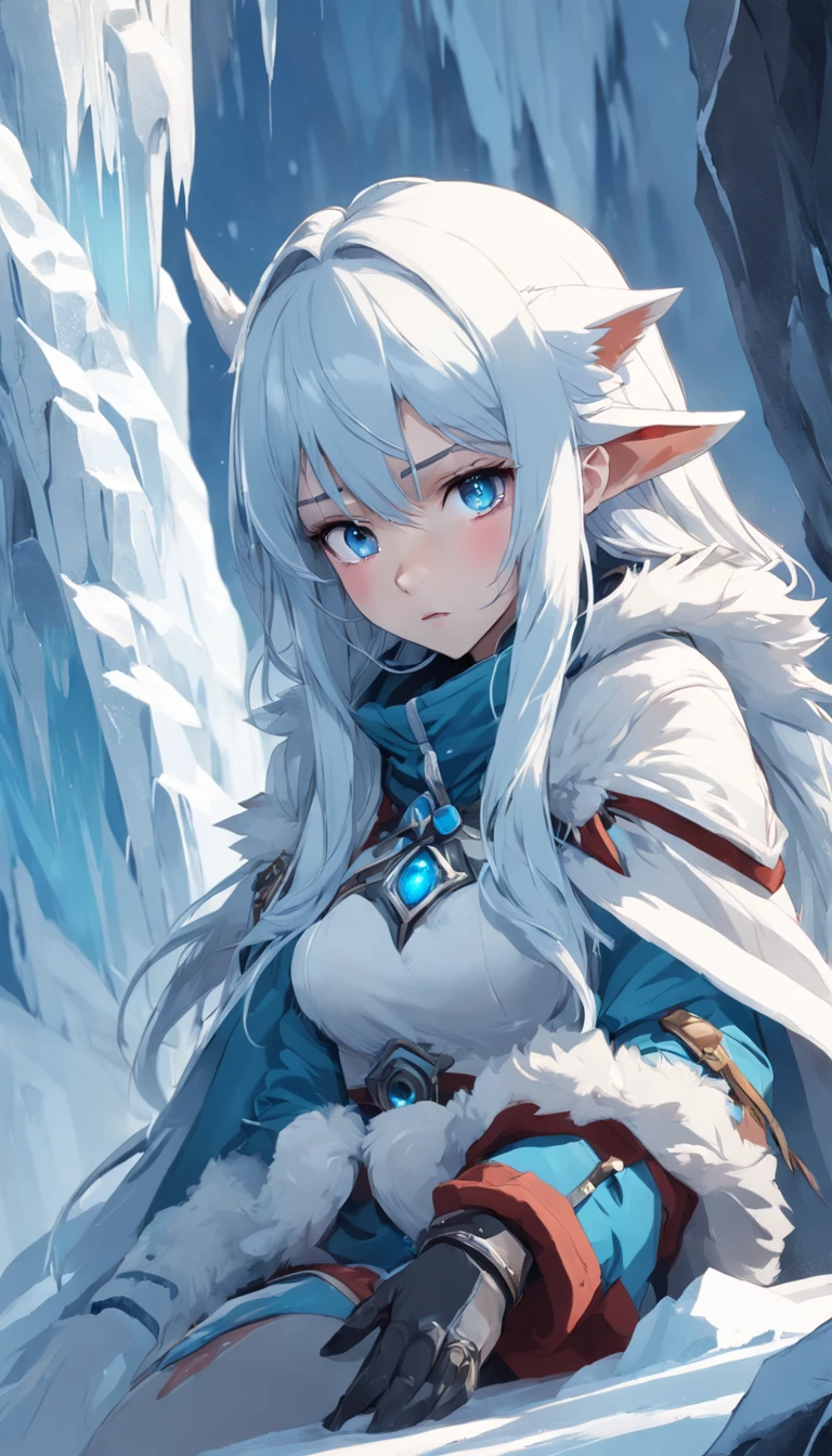 (A cold woman in an ice shooter costume sits on the edge of an ice cliff,Arquero con arco de hielo:1.2),(Pelo rojo: 1.5),(Capucha azul esponjosa,ojos azules,cana,Rostro delicado y hermoso:1.3),Fine and perfect anatomy,dynamicposes,Snowy day,Fantasyart,Hay un lobo blanco a su lado,Antecedentes de los glaciares,Debajo de tus pies hay acantilados de hielo,Blanco_Blue gradient rendering,the highest picture quality,high resolusion,Alto detalle,Sombras de objetos,Dynamic light sources,Cloudy days,Screen dimming,tmasterpiece,Arte oficial,Diagrama de cuerpo entero,The white wolf lay beside the woman,Detailed hair representation,,Luna River,Tianqingniu,Flor,1 girl