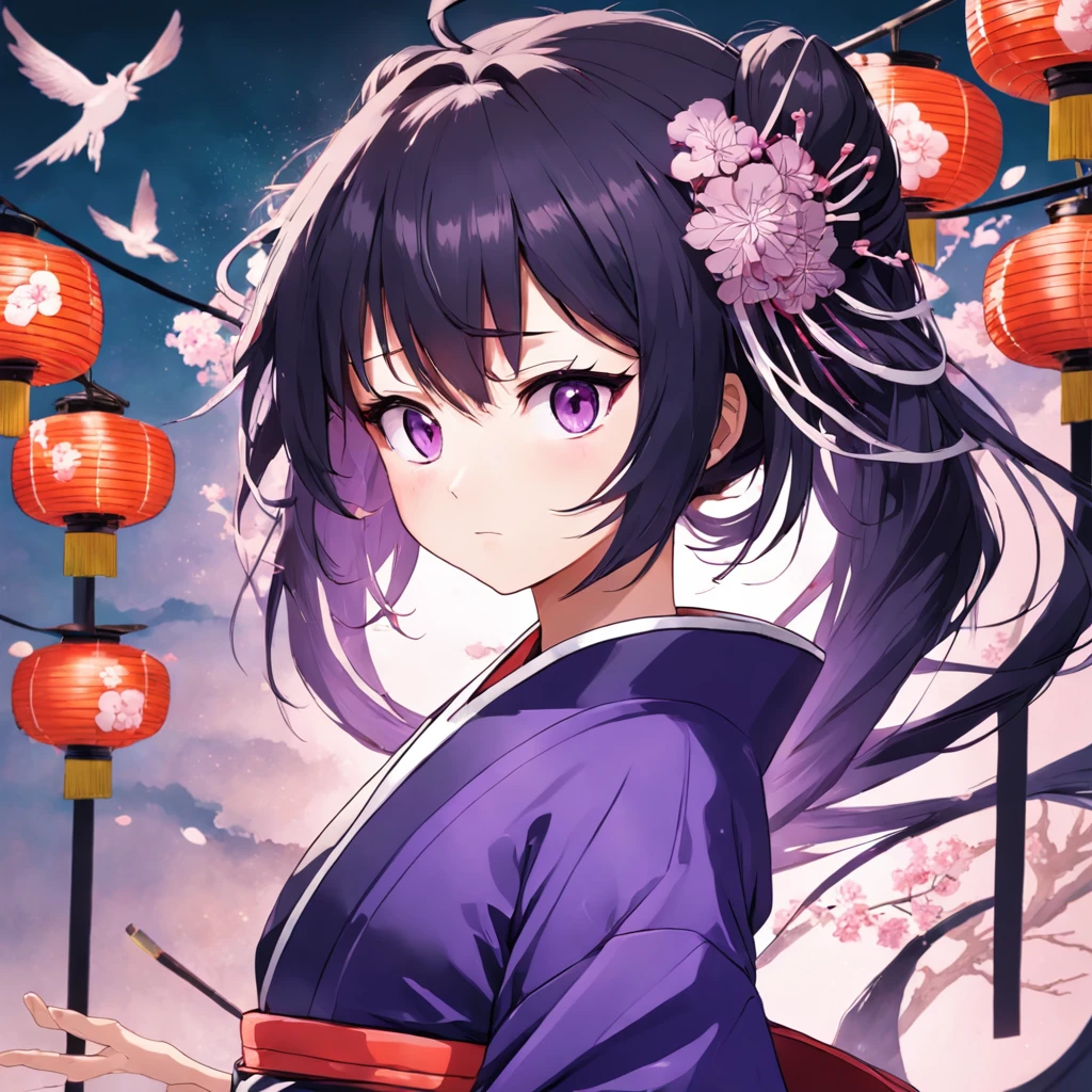 animemanga girl，Purple kimono，Green eyes，Black long-haired anime girl，komono，geisha，onmyoji, shikishi, koyoharu gotouge, inspired by Nishikawa Sukenobu,