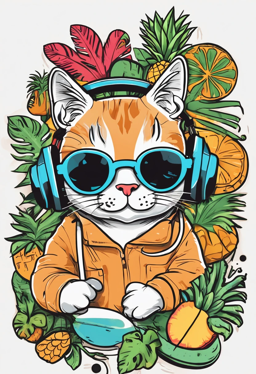 Cute stickers　Cat DJs in sunglasses and headphones　Tropical juices　Tropical Beach　Retro Classic　Simple lineart　３〜５Stickers for children of the year old